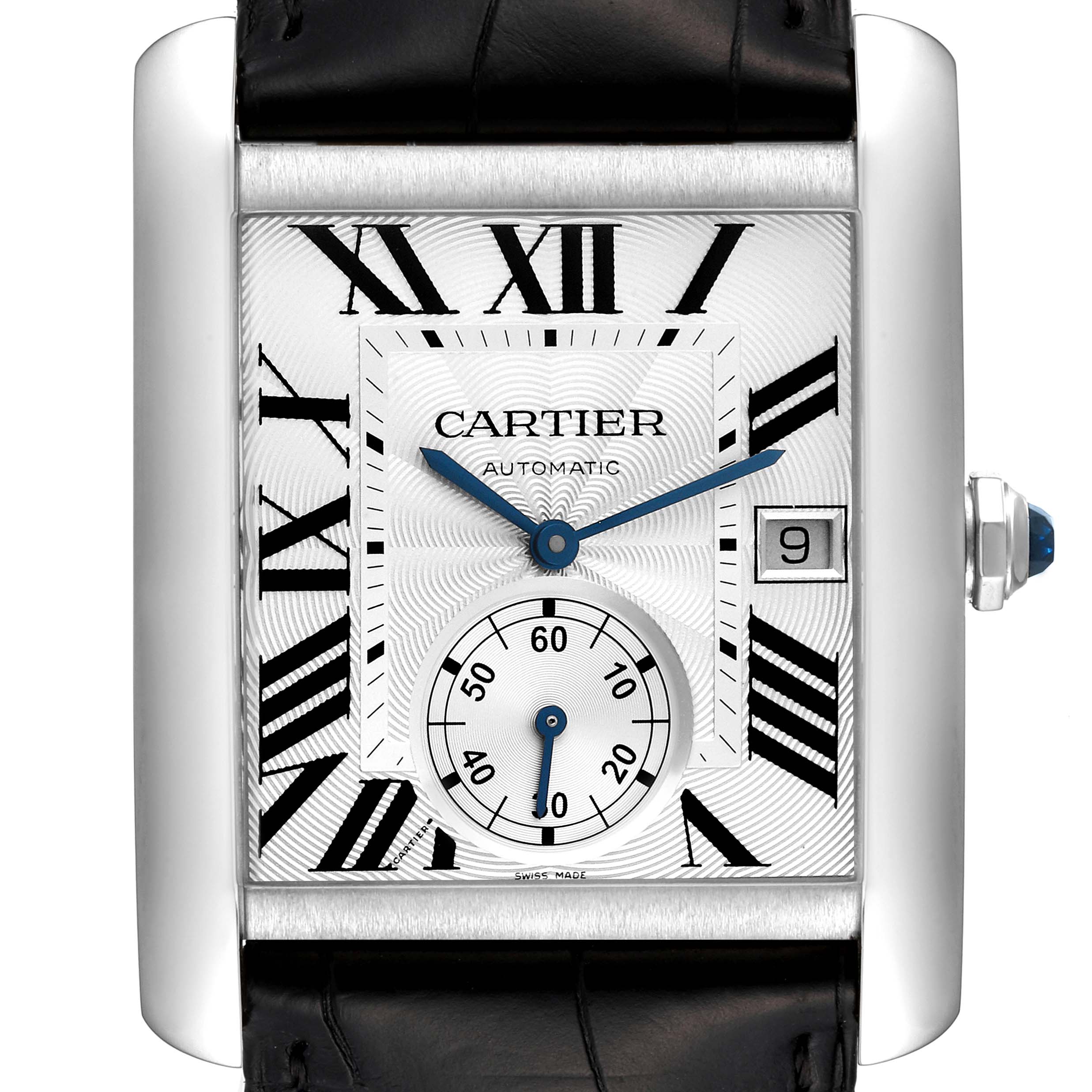The image shows a front view of the Cartier Tank MC W5330003 Men
s Stainless Steel Silver Dial W5330003 Men
s Stainless Steel Silver Dial watch, displaying its Roman numeral dial, date window, and sub-dial.