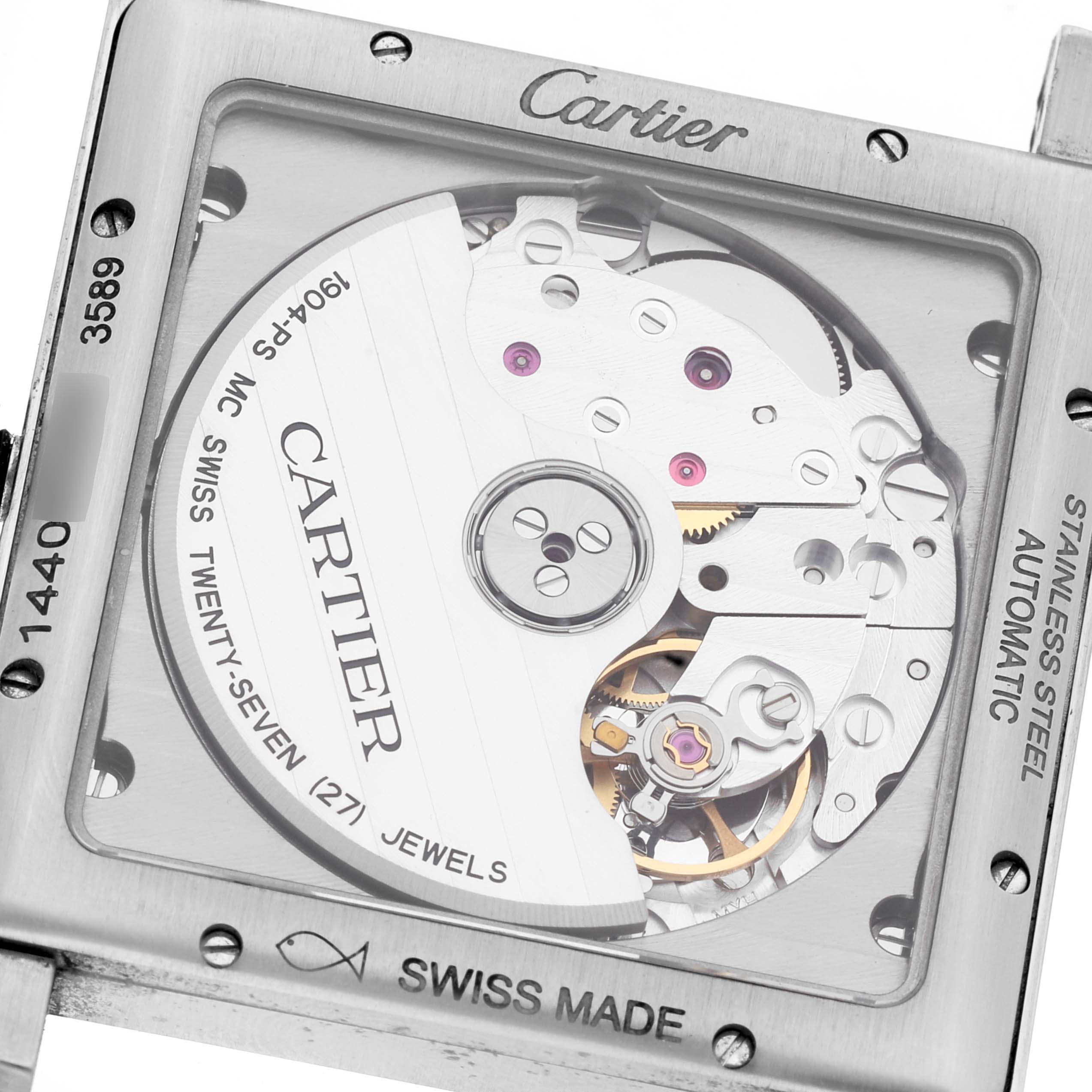 The image shows the back view of the Cartier Tank MC W5330003 Men
s Stainless Steel Silver Dial W5330003 Men
s Stainless Steel Silver Dial watch, focusing on the automatic movement and internal mechanism.