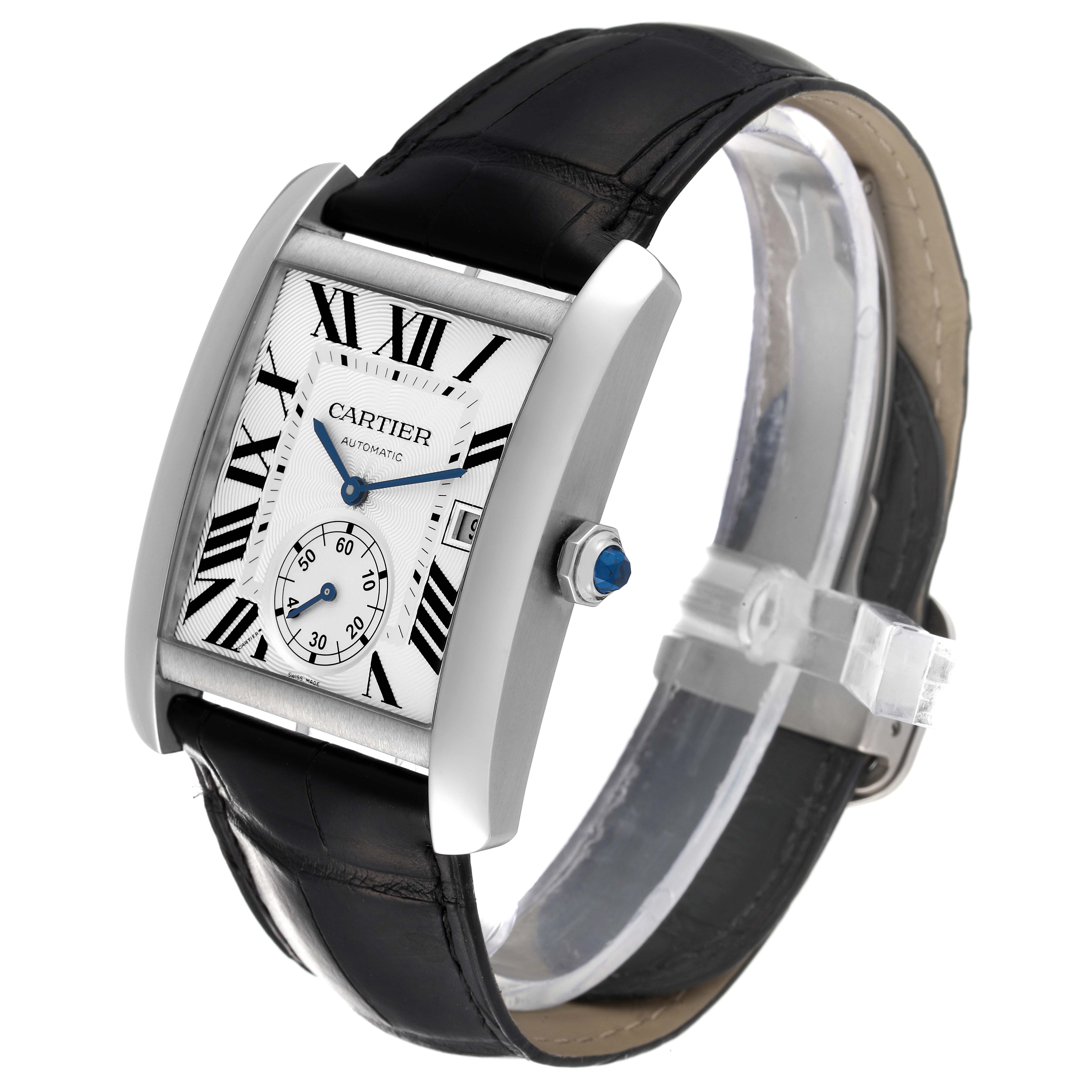 The image shows a Cartier Tank MC W5330003 Men
s Stainless Steel Silver Dial W5330003 Men
s Stainless Steel Silver Dial watch at an angle revealing the face, crown, case, strap, and buckle.