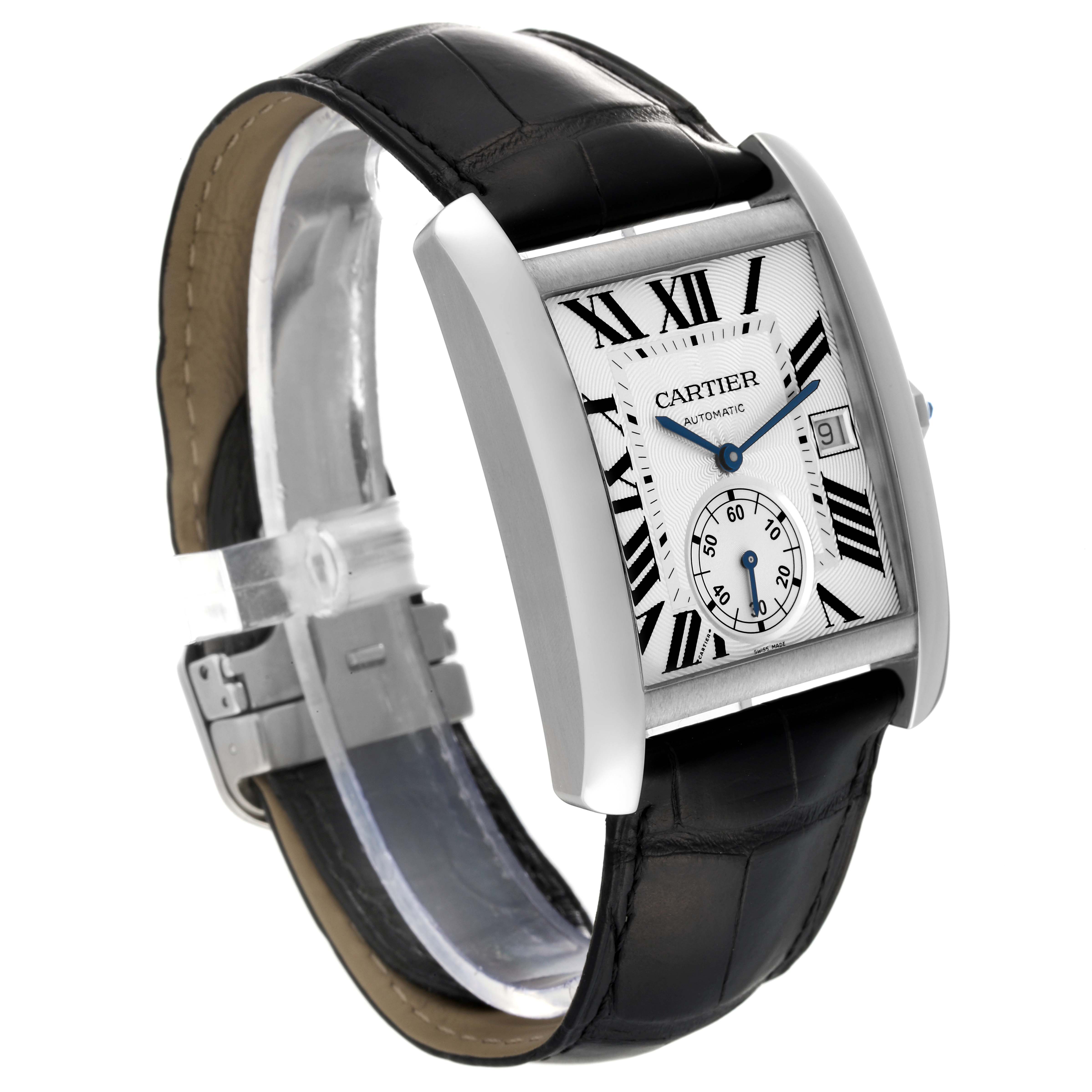 The image shows a Tank MC model by Cartier viewed from an angled perspective, highlighting the face, leather strap, and clasp.