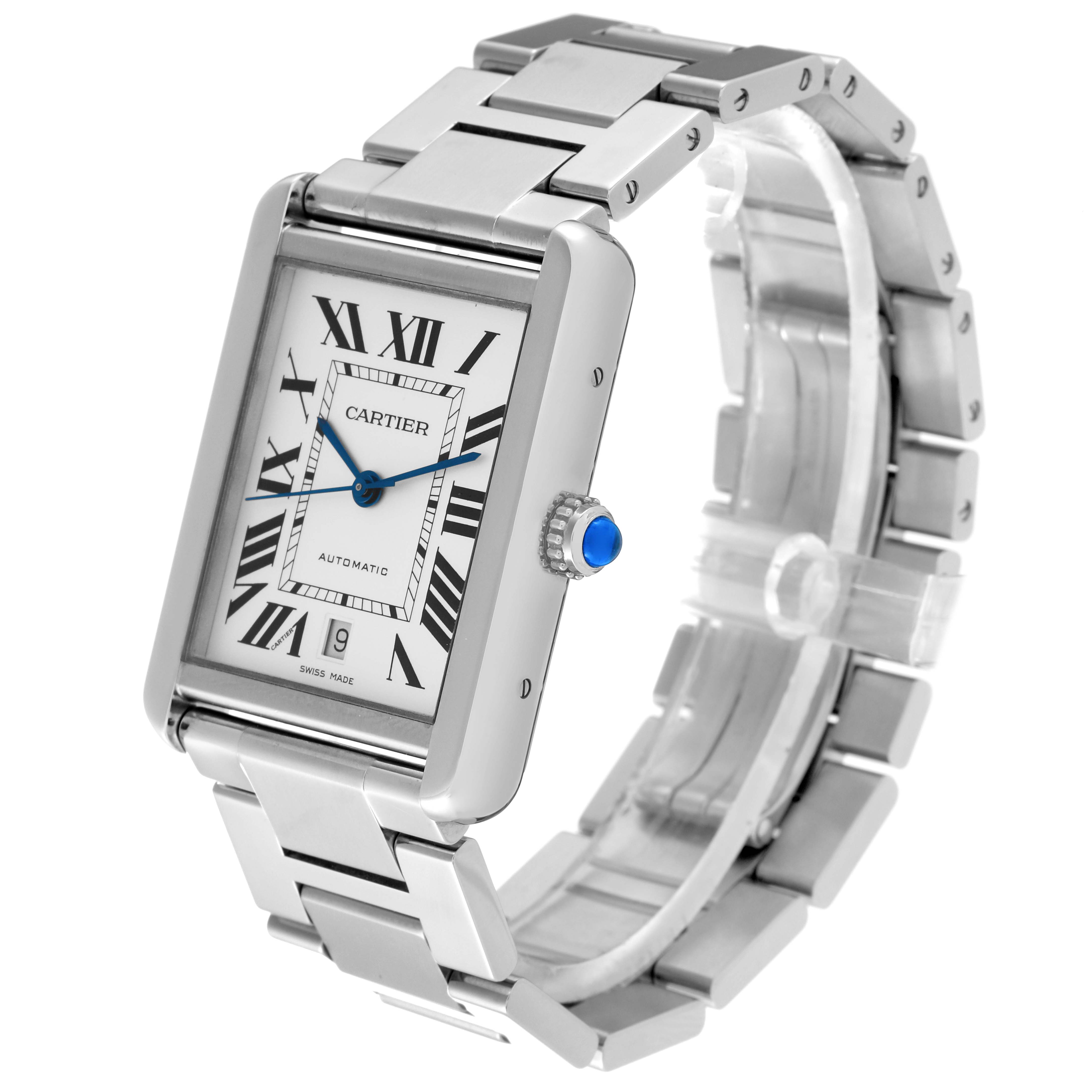 This image shows a Cartier Tank Solo W5200028 Men's Stainless Steel Silver Dial W5200028 Men's Stainless Steel Silver Dial watch at an angle displaying its face, crown, and stainless steel bracelet.