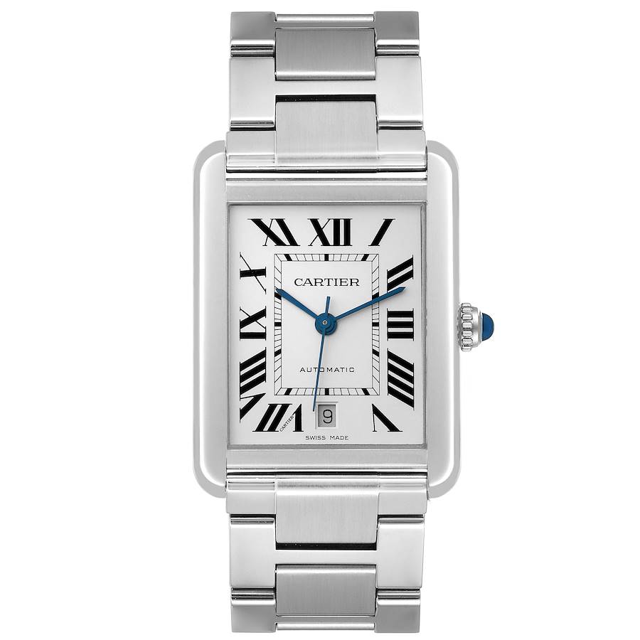 The image shows a frontal view of the Cartier Tank Solo W5200028 Men's Stainless Steel Silver Dial W5200028 Men's Stainless Steel Silver Dial watch, including the face, bezel, and metal bracelet.