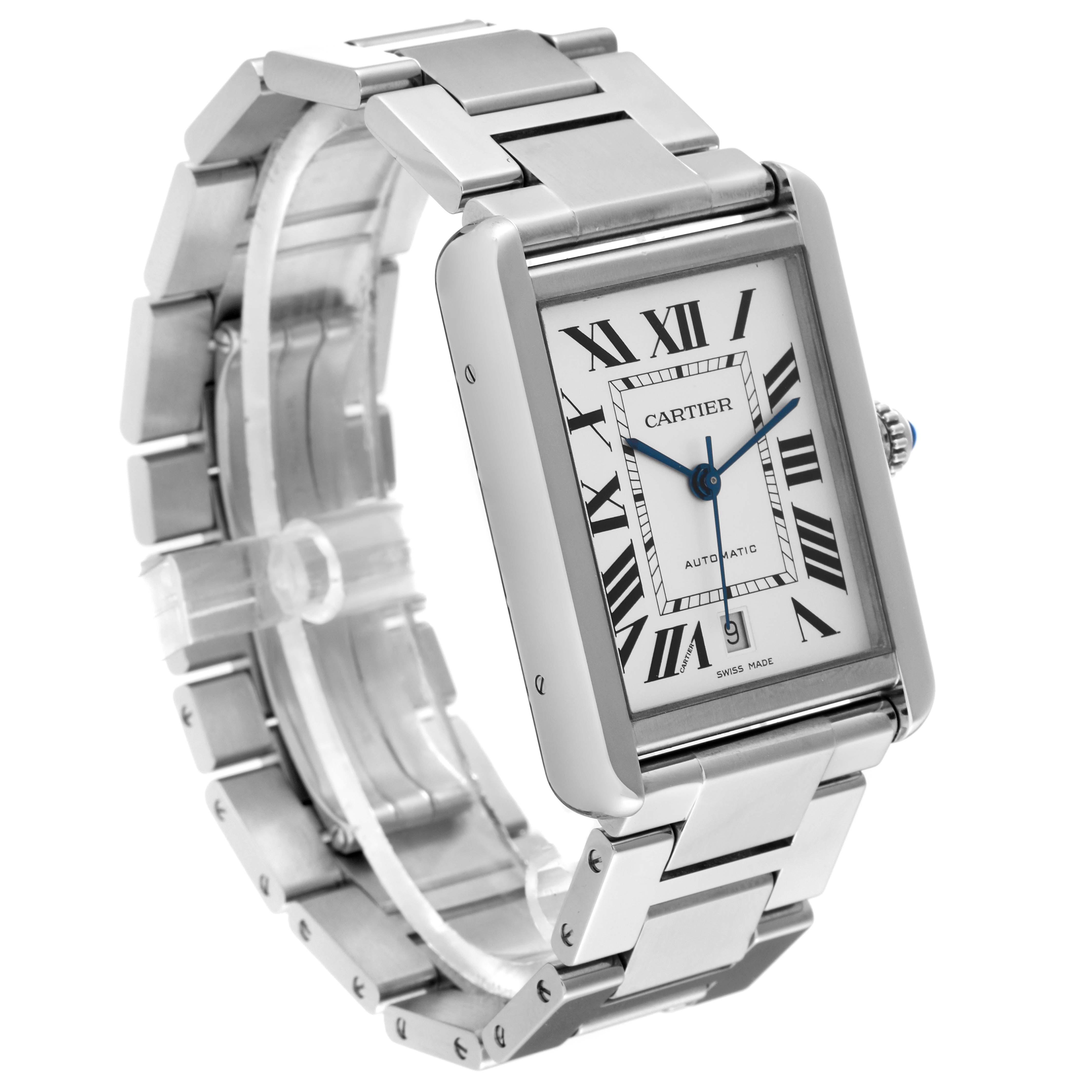 The image shows a Tank Solo model by Cartier at a three-quarter angle, highlighting the rectangular face, Roman numerals, and metallic bracelet.