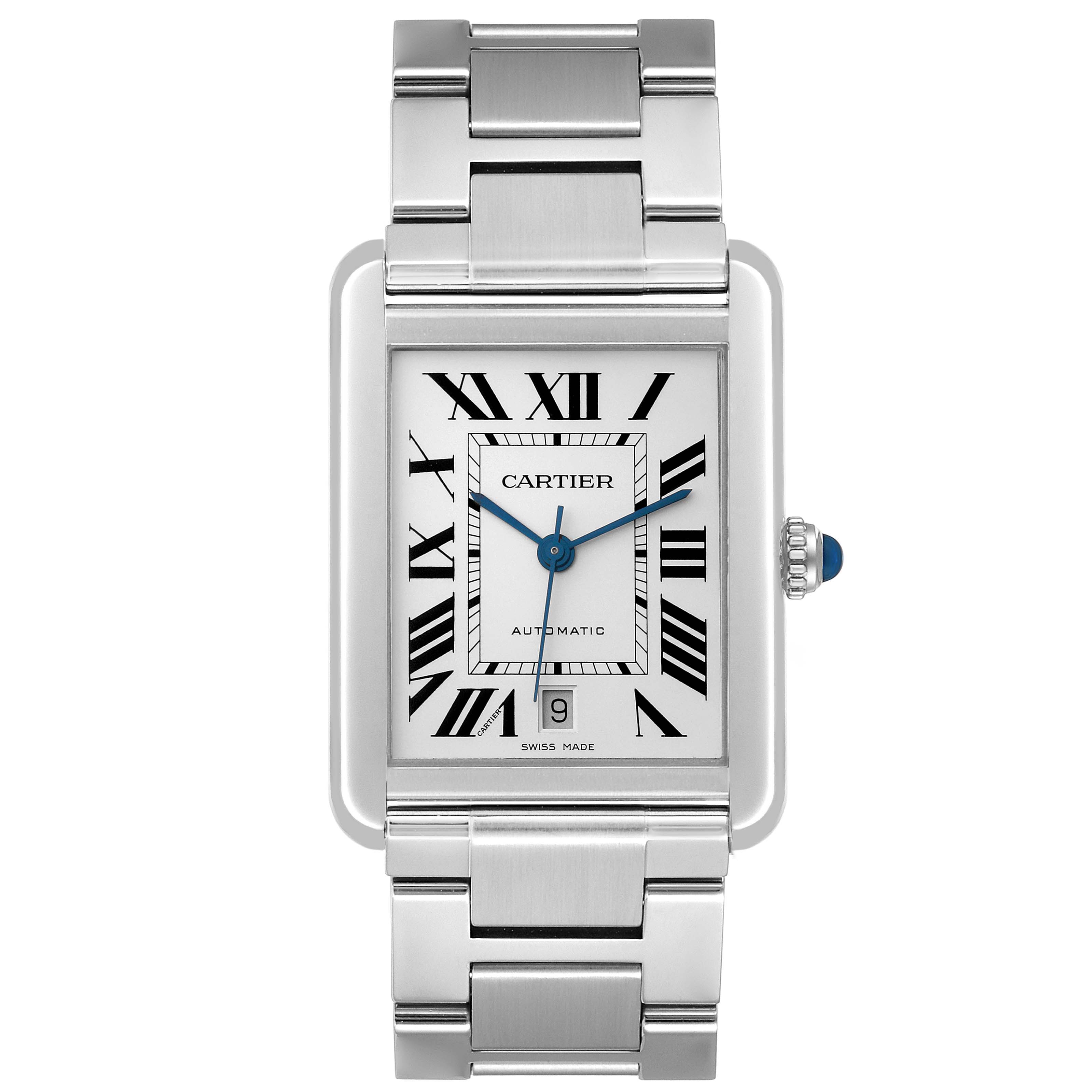 The image shows a front view of a Cartier Tank Solo W5200028 Men's Stainless Steel Silver Dial W5200028 Men's Stainless Steel Silver Dial watch, highlighting its rectangular face, metal bracelet, and blue hands.