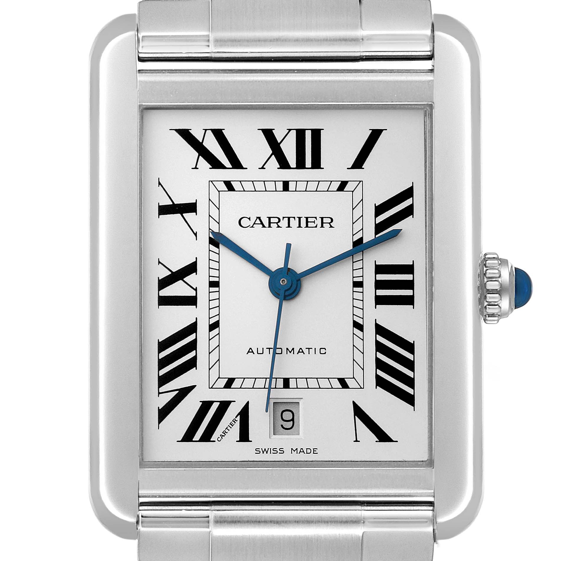 The image shows a frontal view of the Cartier Tank Solo W5200028 Men's Stainless Steel Silver Dial W5200028 Men's Stainless Steel Silver Dial watch, detailing its face, Roman numerals, and blue hands.