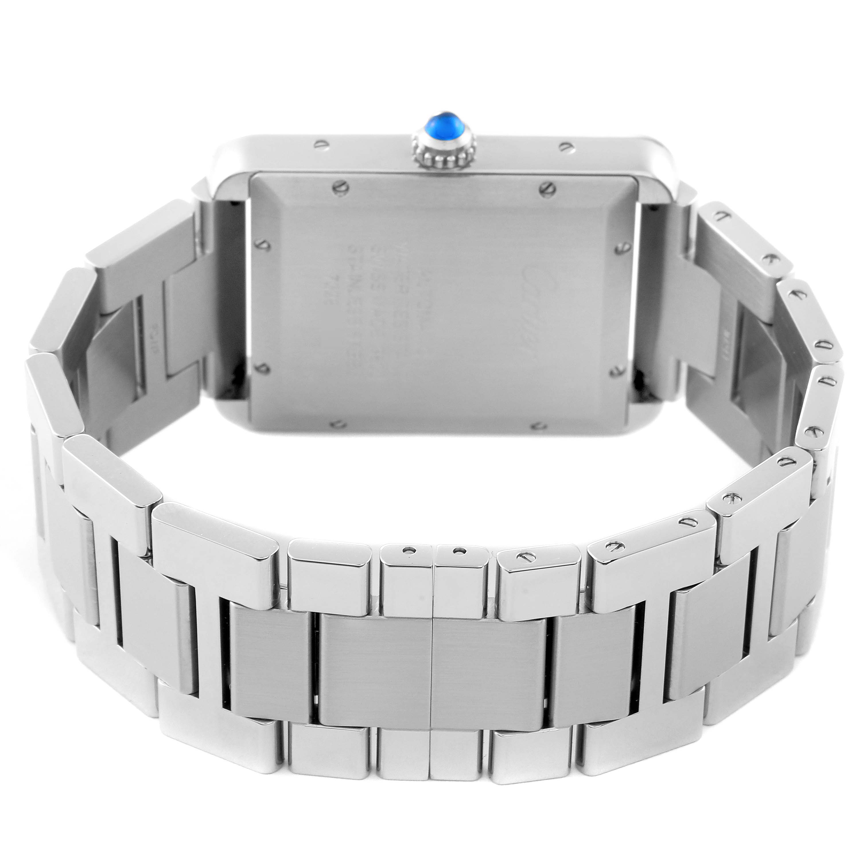The image shows the back and metal bracelet of a Cartier Tank Solo W5200028 Men's Stainless Steel Silver Dial W5200028 Men's Stainless Steel Silver Dial watch, highlighting the case back and sapphire-tipped crown.