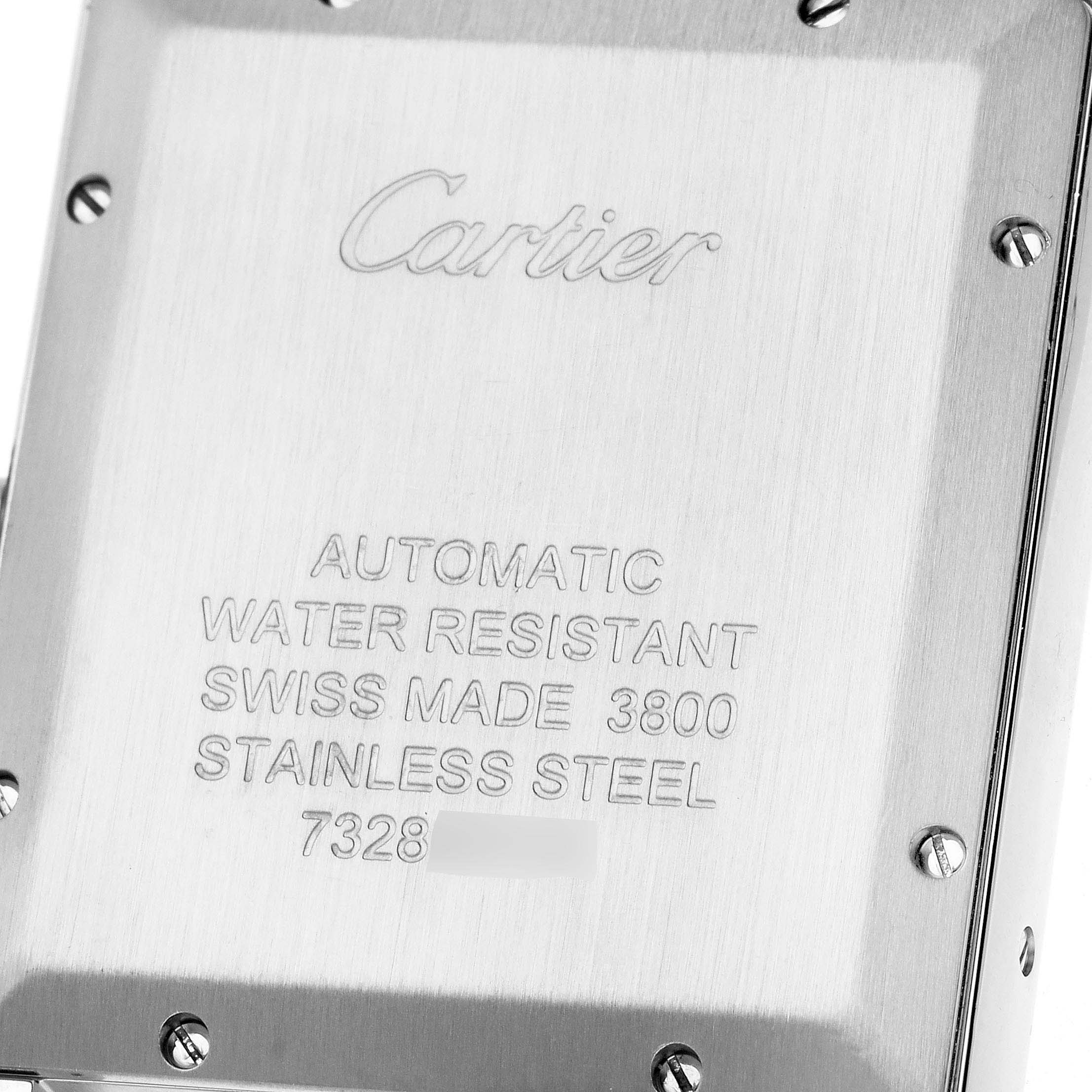 This is the back view of a Cartier Tank Solo W5200028 Men's Stainless Steel Silver Dial W5200028 Men's Stainless Steel Silver Dial watch, showcasing the engraved specifications on the stainless steel case.