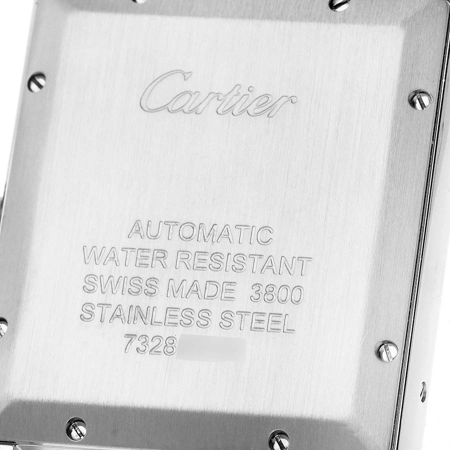 This is the back view of a Cartier Tank Solo W5200028 Men's Stainless Steel Silver Dial W5200028 Men's Stainless Steel Silver Dial watch, showcasing the engraved specifications on the stainless steel case.