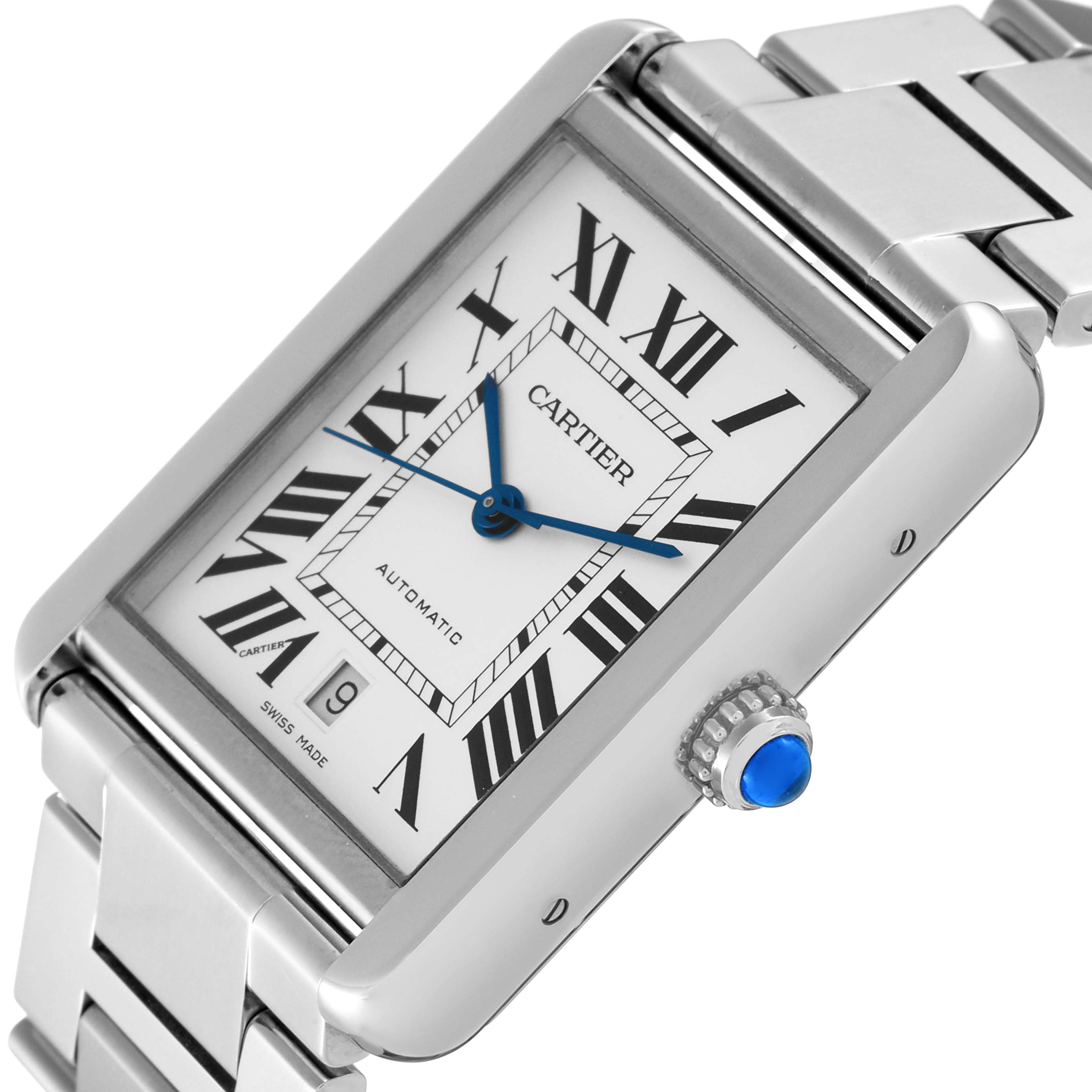 This image shows a close-up angle of the Cartier Tank Solo W5200028 Men's Stainless Steel Silver Dial W5200028 Men's Stainless Steel Silver Dial watch, displaying its dial, crown, and part of the bracelet.