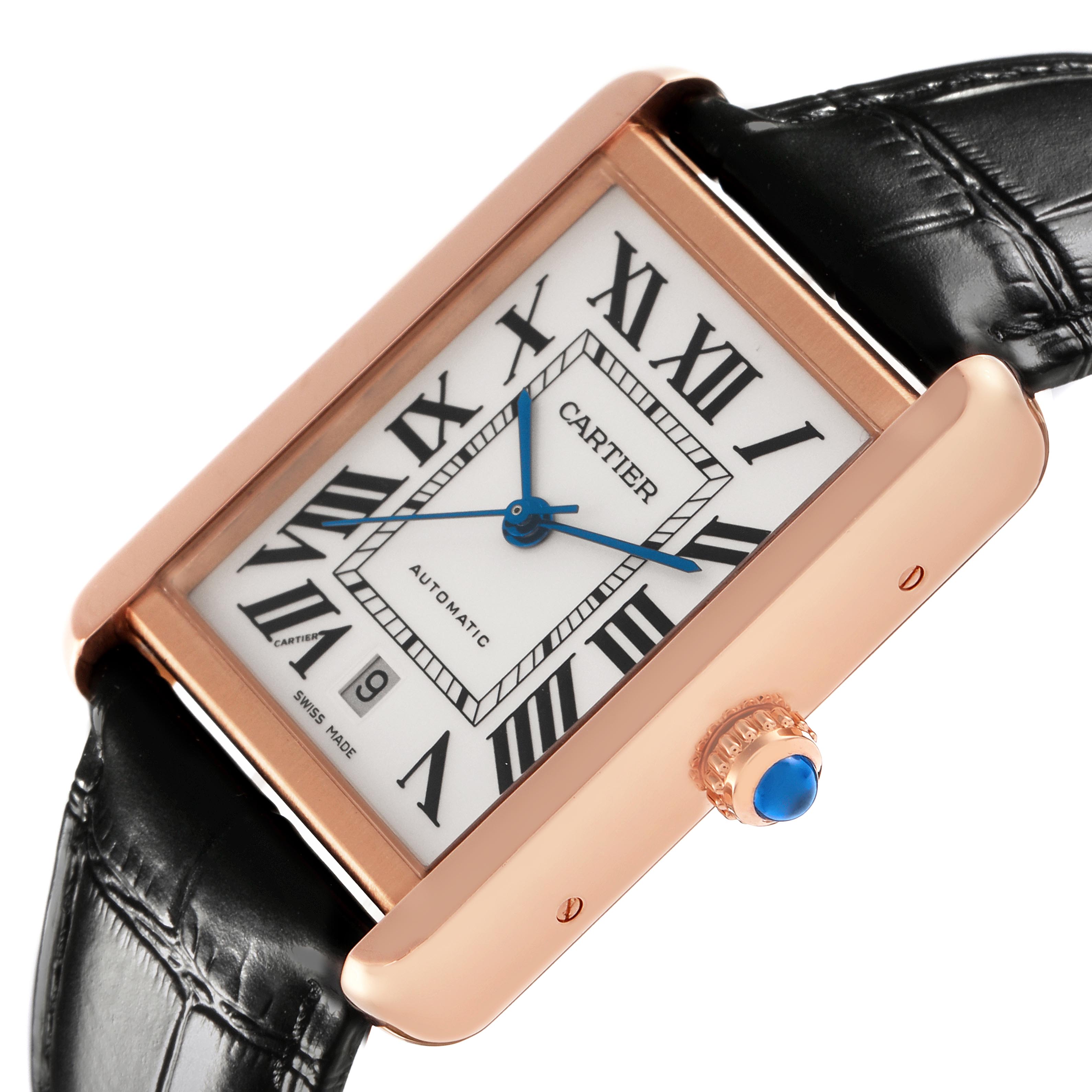 The Cartier Tank Solo W5200026 Men
s Steel and Gold (two tone) Silver Dial W5200026 Men
s Steel and Gold (two tone) Silver Dial watch is shown from a side angle, highlighting the face, hands, crown, and a portion of the strap.