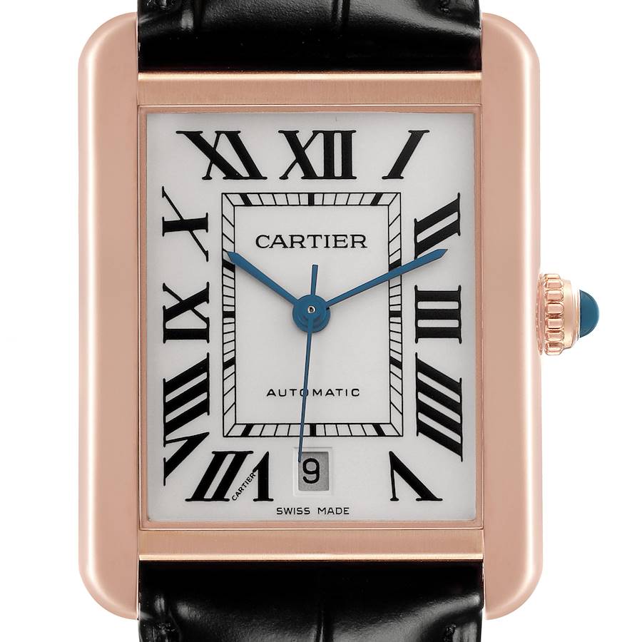 The Cartier Tank Solo watch is shown from the front, displaying its face, Roman numerals, hands, and date window.