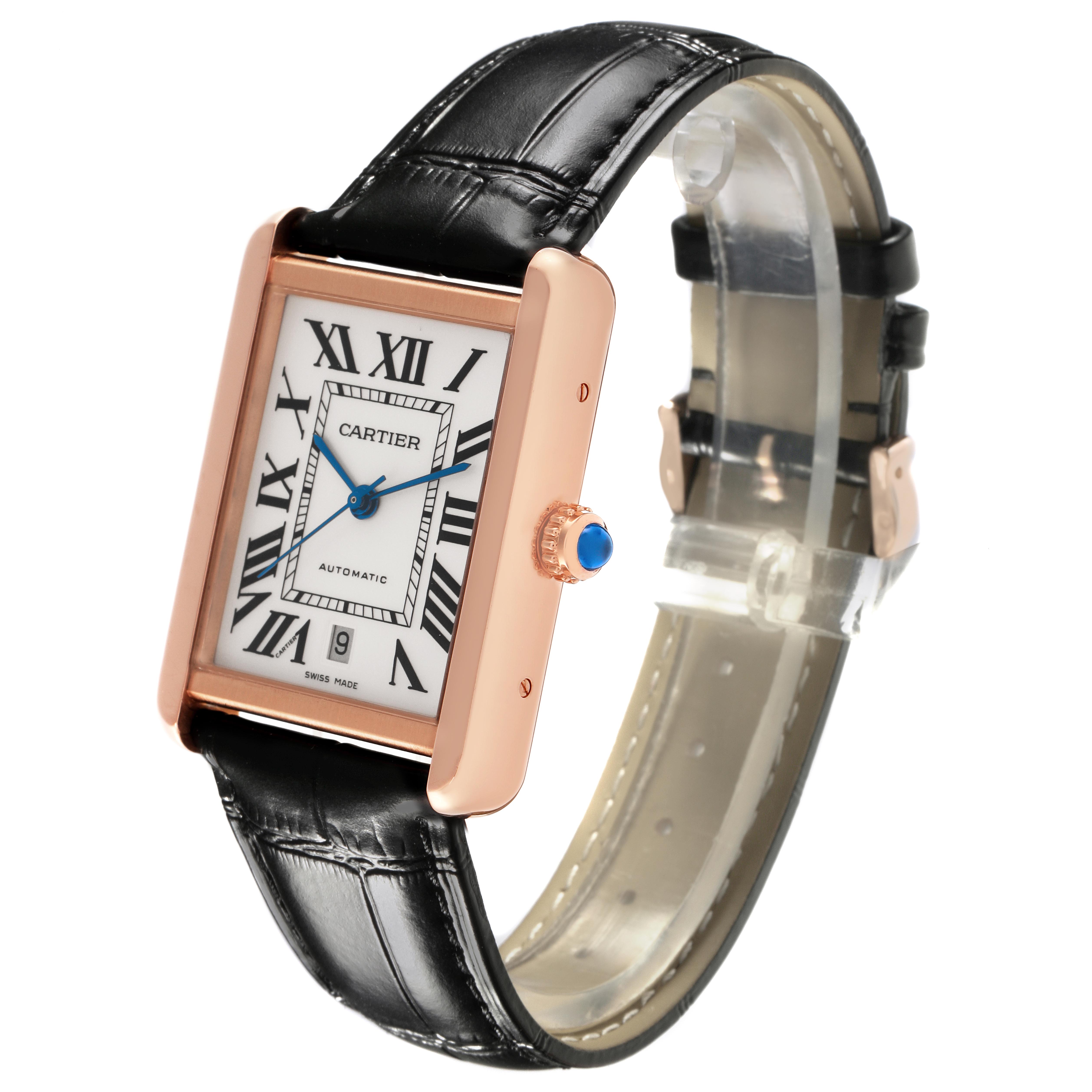 The Cartier Tank Solo W5200026 Men
s Steel and Gold (two tone) Silver Dial W5200026 Men
s Steel and Gold (two tone) Silver Dial watch is shown at an angled side view, highlighting the watch face, crown, and leather strap.