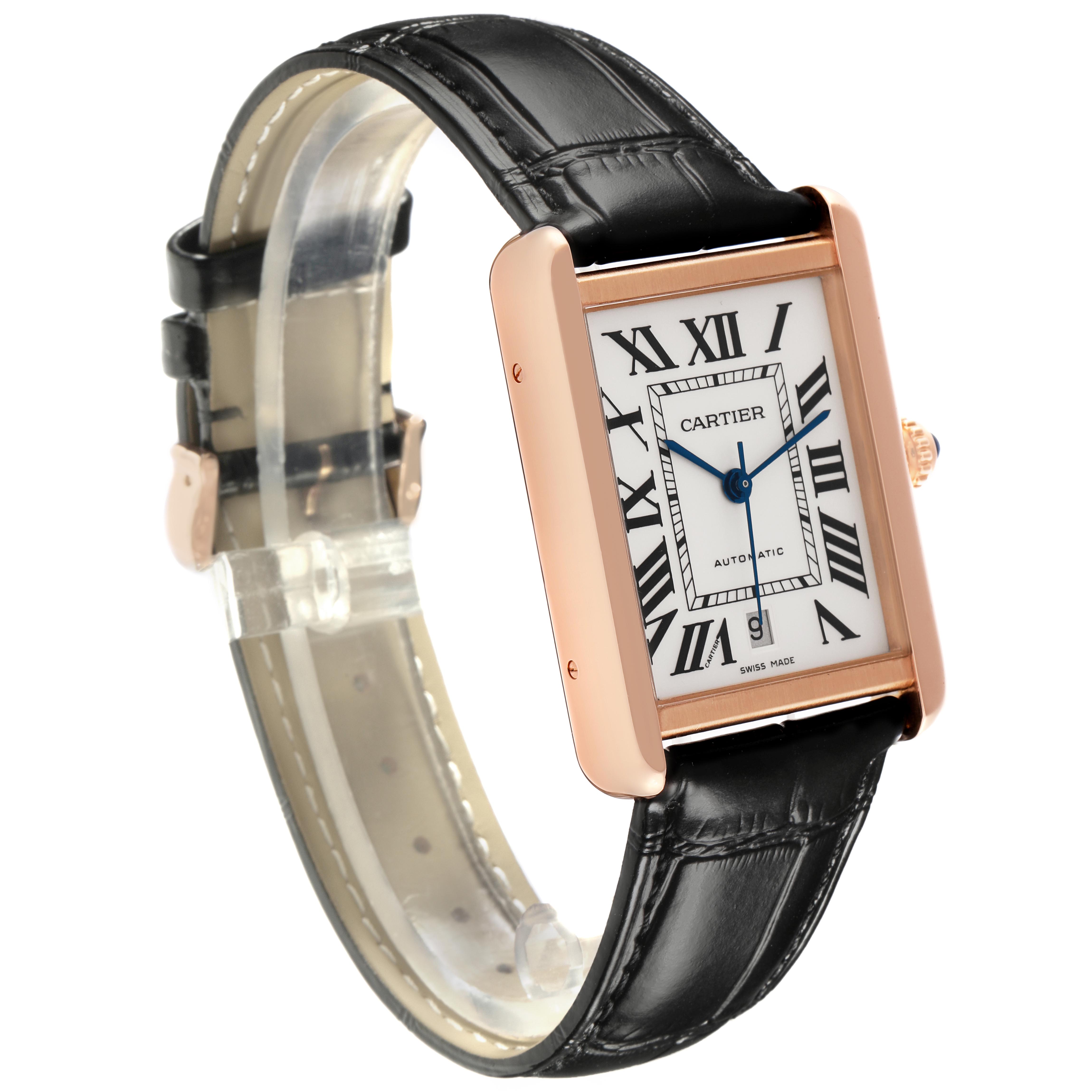 The Cartier Tank Solo W5200026 Men
s Steel and Gold (two tone) Silver Dial W5200026 Men
s Steel and Gold (two tone) Silver Dial watch is angled to show the face, case, crown, and black leather strap.