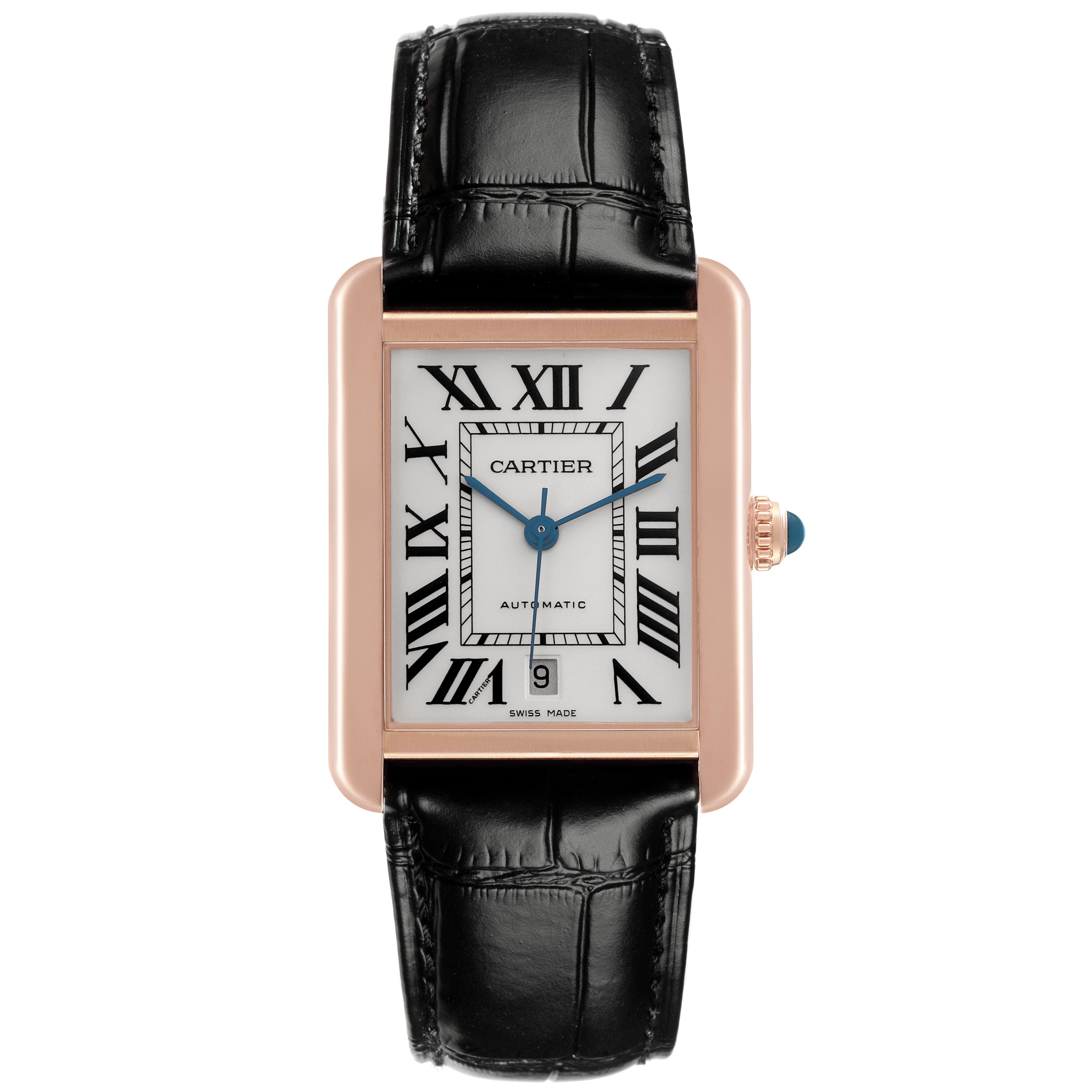 The Cartier Tank Solo W5200026 Men
s Steel and Gold (two tone) Silver Dial W5200026 Men
s Steel and Gold (two tone) Silver Dial watch is shown from a front view, highlighting its rectangular face, Roman numerals, and black leather strap.