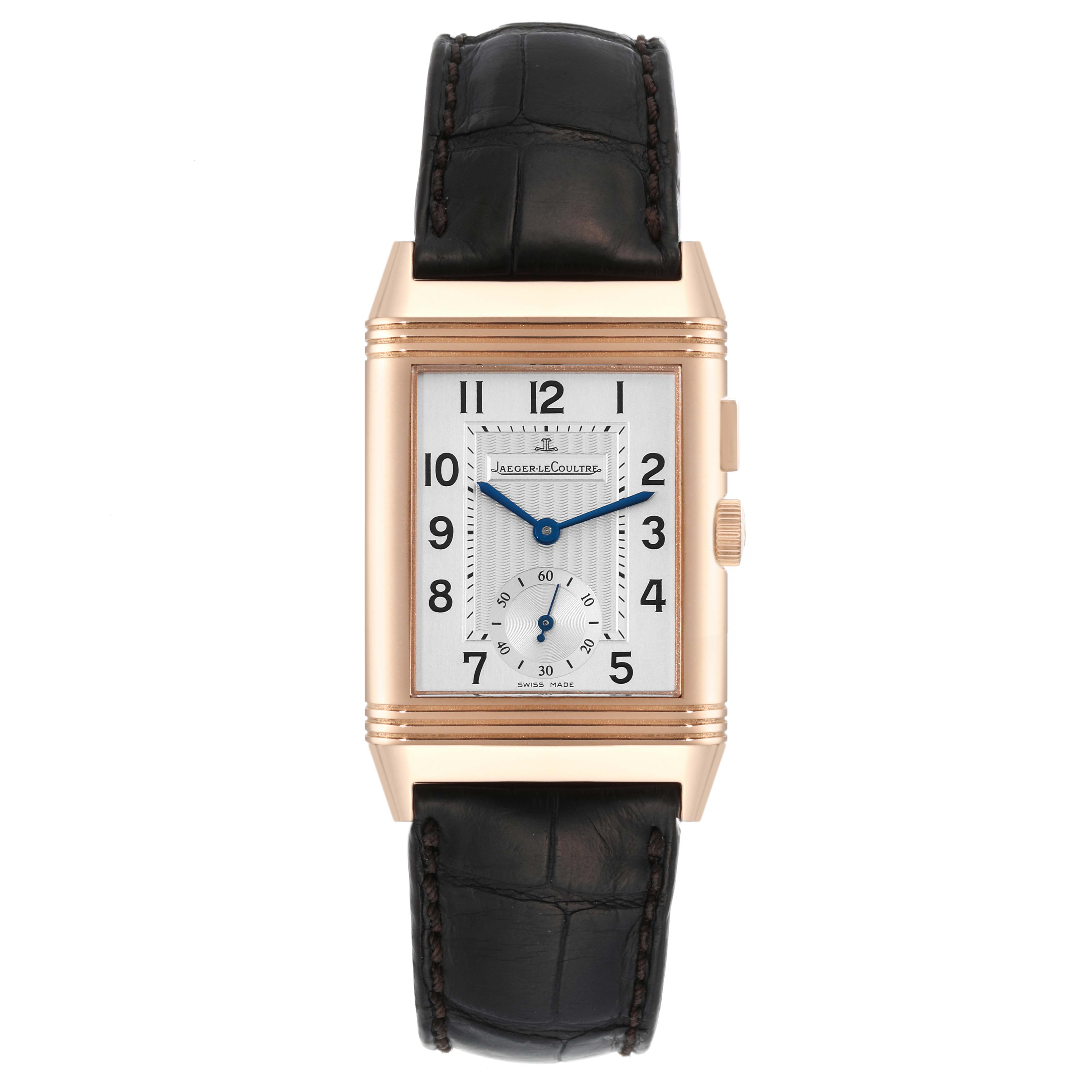 The image shows a frontal view of the Jaeger LeCoultre Reverso Q2712410 Men's Rose Gold Silver Dial Q2712410 Men's Rose Gold Silver Dial watch, displaying the dial, case, and leather strap.