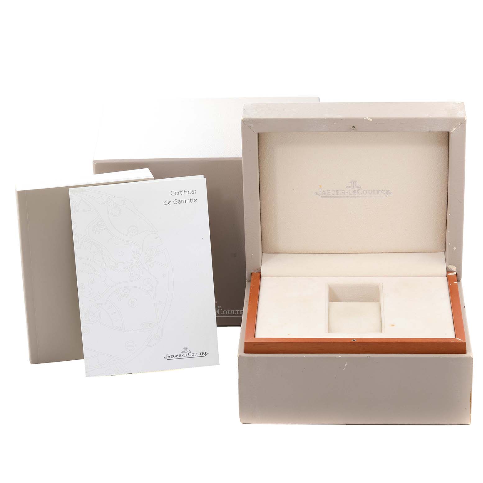 This image shows the packaging box, warranty certificate, and display box for a Jaeger LeCoultre Reverso Q2712410 Men's Rose Gold Silver Dial Q2712410 Men's Rose Gold Silver Dial watch.
