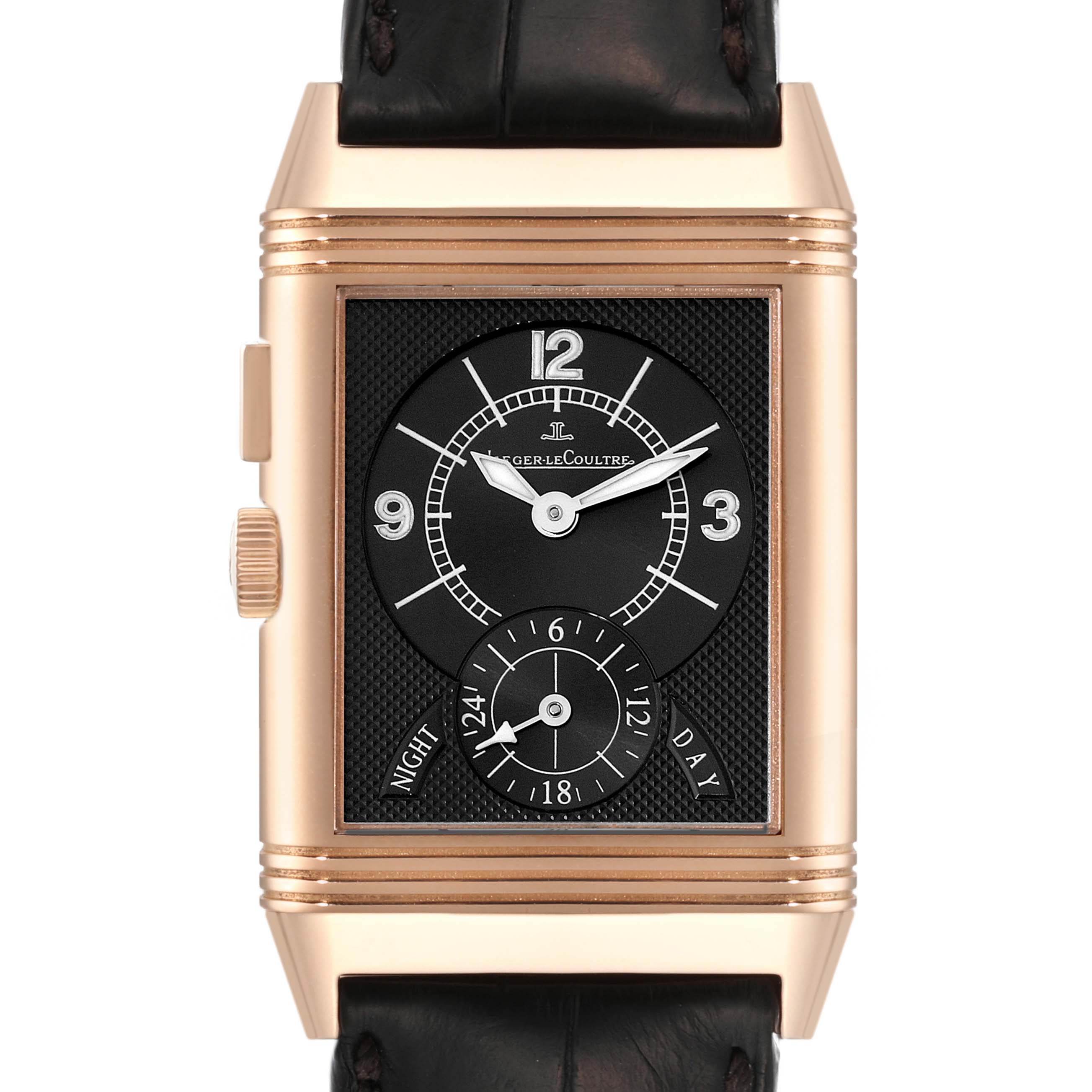 This image shows the front view of the Jaeger LeCoultre Reverso Q2712410 Men's Rose Gold Silver Dial Q2712410 Men's Rose Gold Silver Dial watch, highlighting its dial and case.