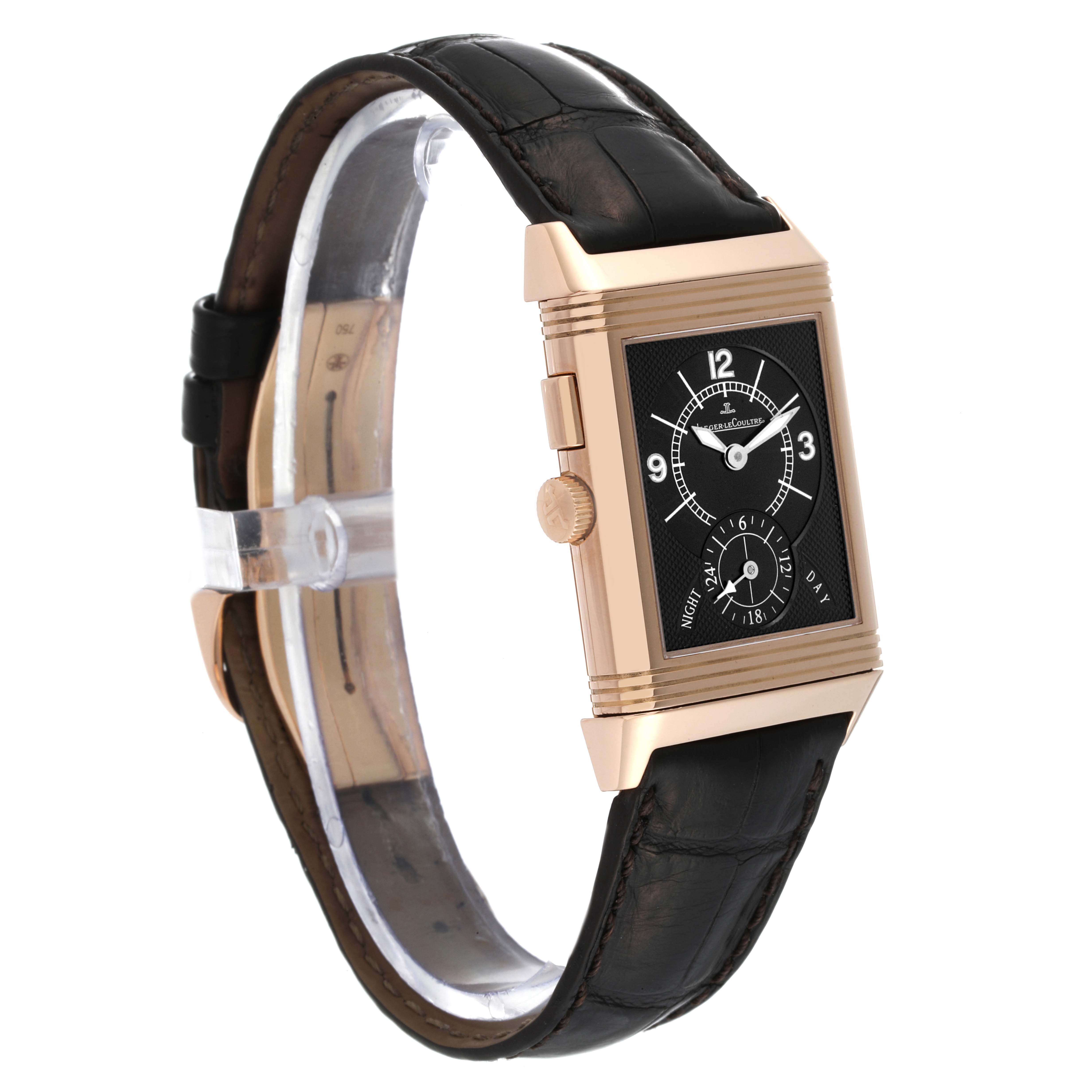 This image shows a Jaeger-LeCoultre Reverso watch from a slightly tilted front and side angle, highlighting the dial and strap.