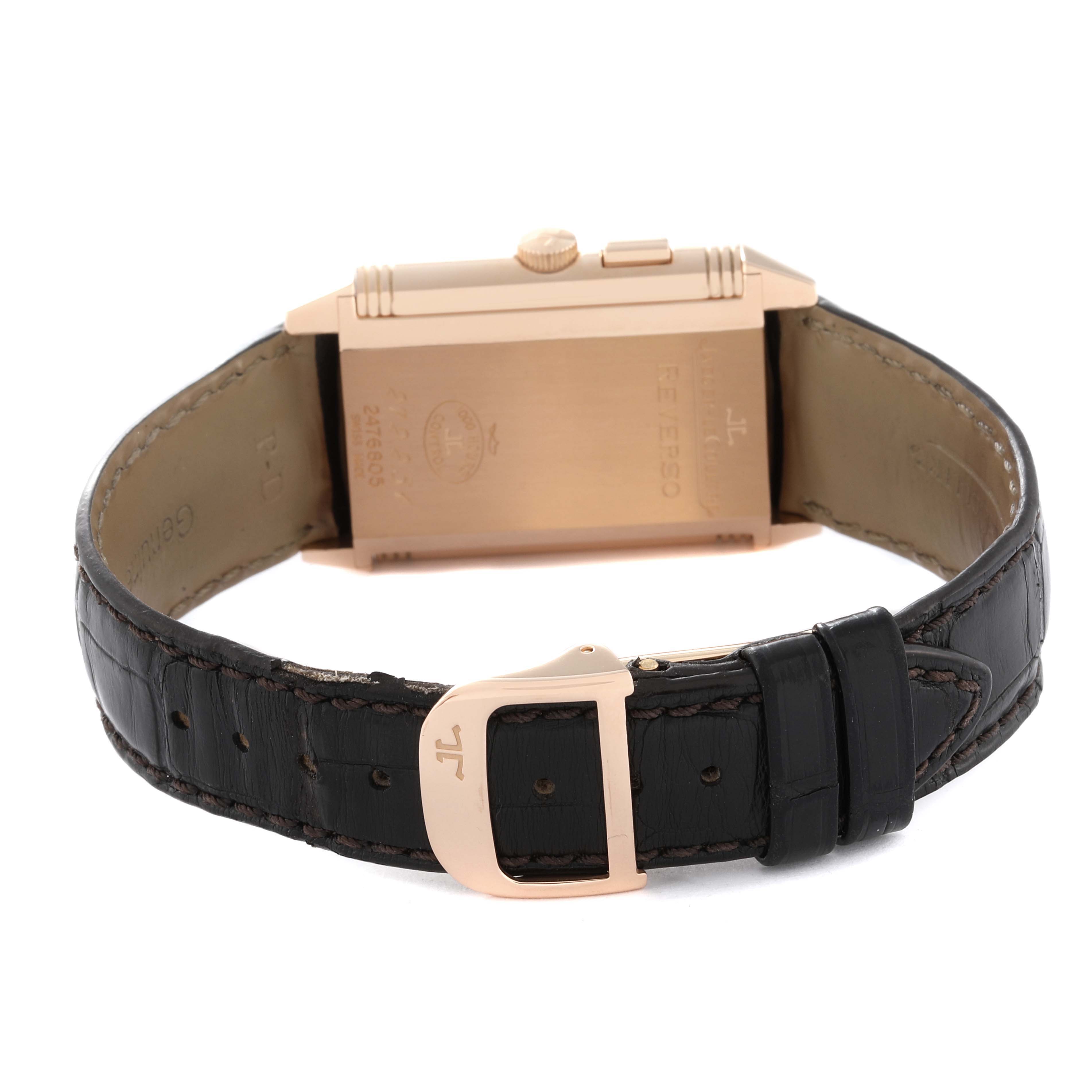 This image shows the back case and leather strap of the Jaeger-LeCoultre Reverso watch, including the buckle.