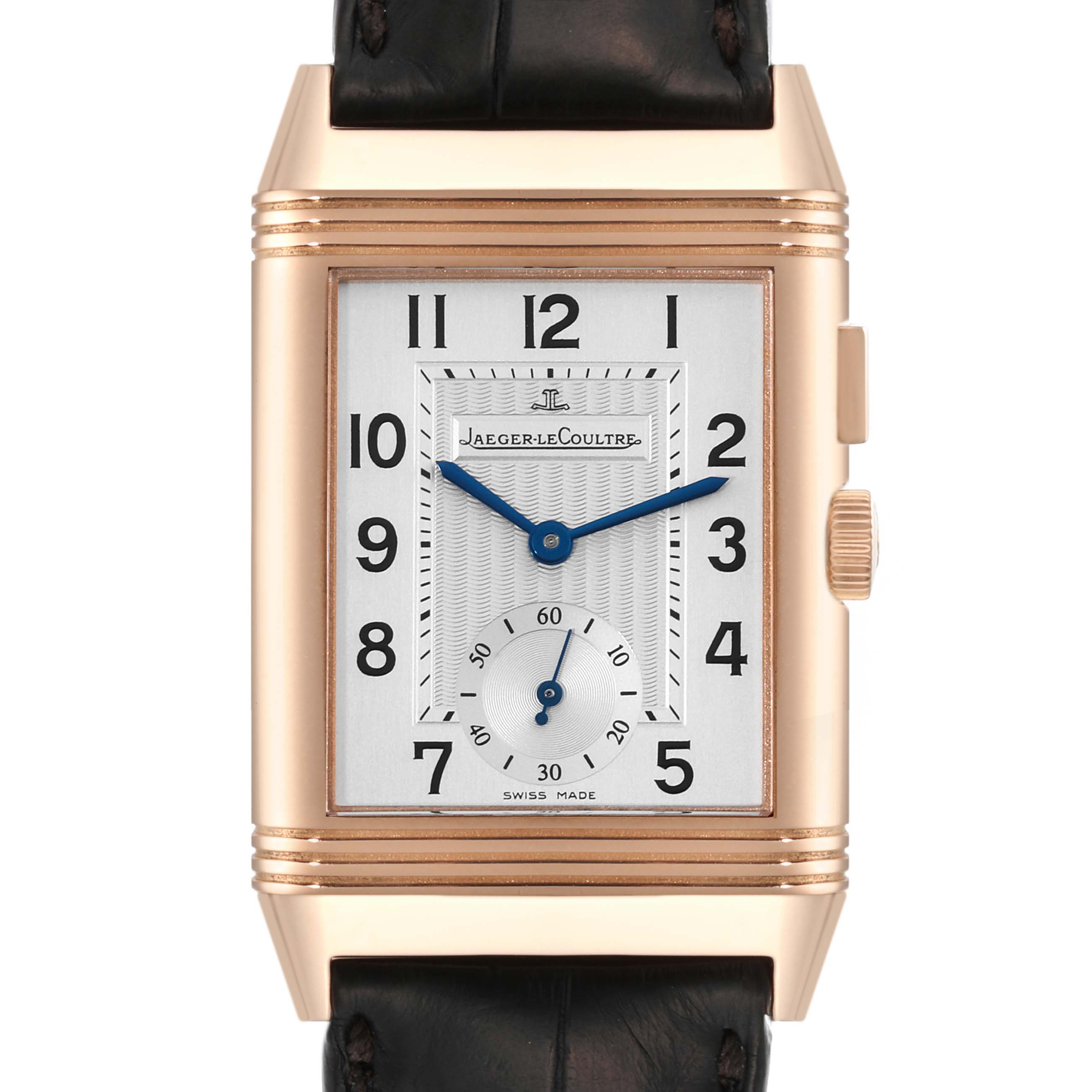 This is a front view of a Jaeger LeCoultre Reverso Q2712410 Men's Rose Gold Silver Dial Q2712410 Men's Rose Gold Silver Dial watch, showcasing its rectangular case, dial, crown, and leather strap.