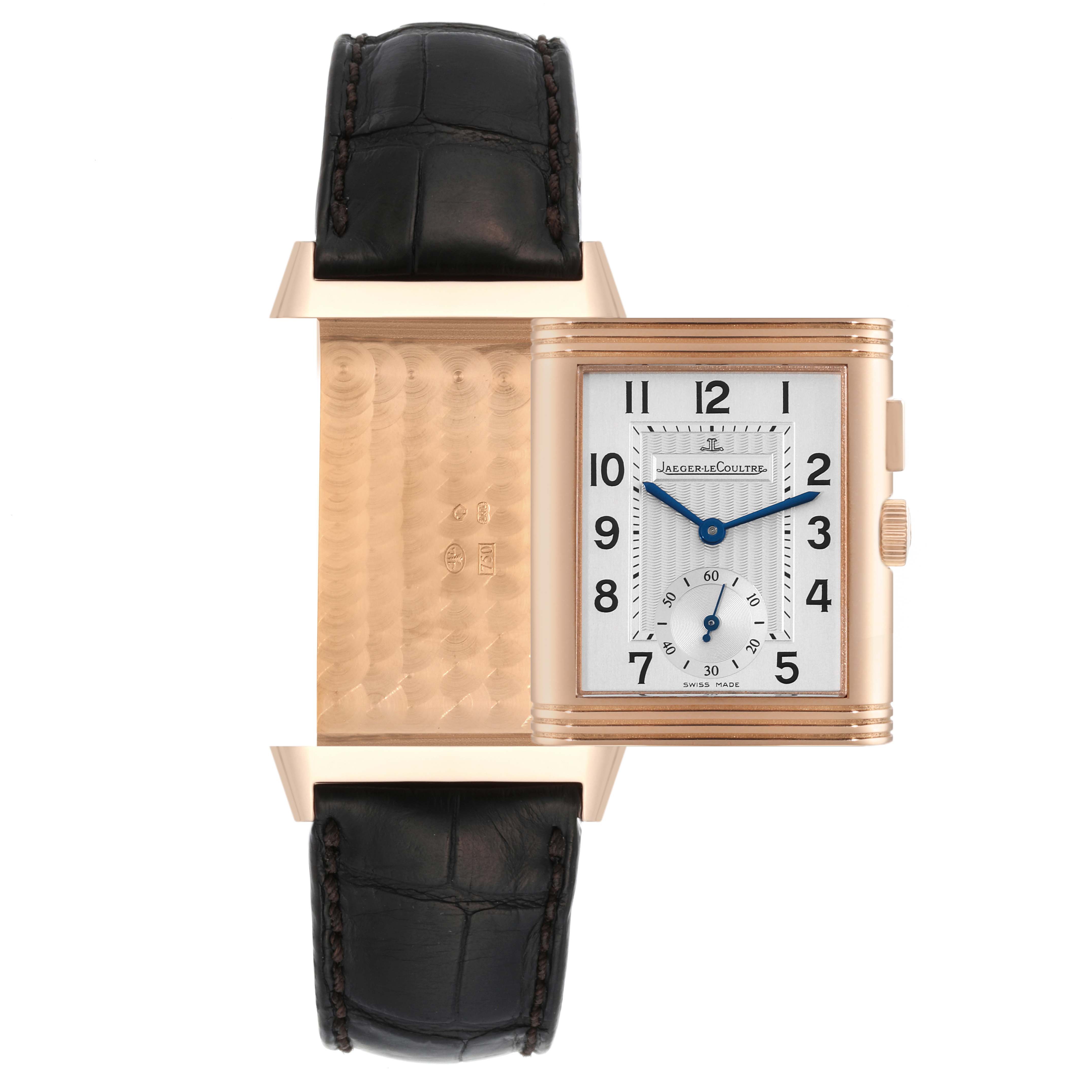 The image shows a Jaeger LeCoultre Reverso Q2712410 Men's Rose Gold Silver Dial Q2712410 Men's Rose Gold Silver Dial watch with its face flipped open, revealing the back and internal engravings.