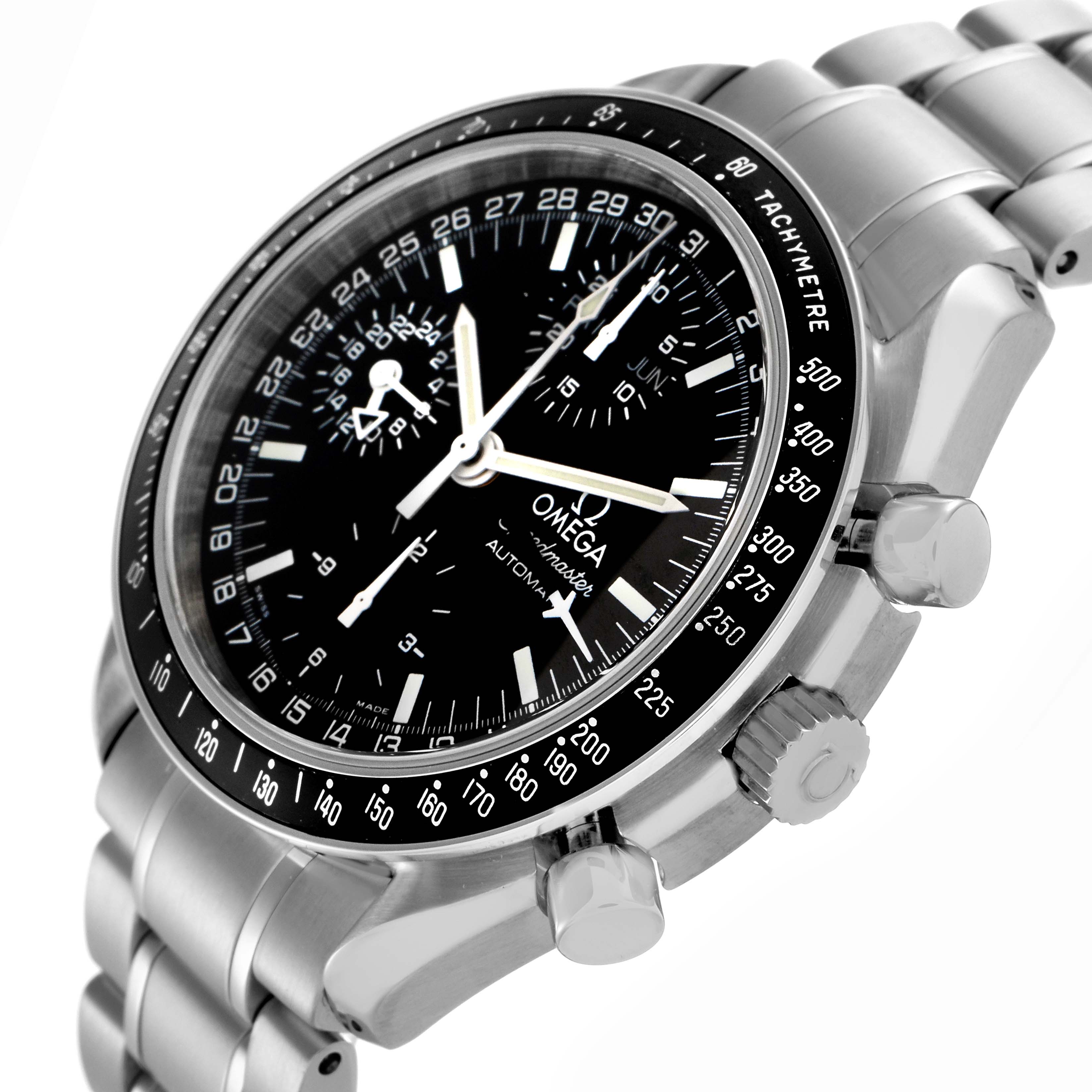 The Omega Speedmaster 3520.50.00 Men's Stainless Steel Black Dial 3520.50.00 Men's Stainless Steel Black Dial is shown at a three-quarter angle, highlighting the dial, bezel, crown, and pushers on the side.