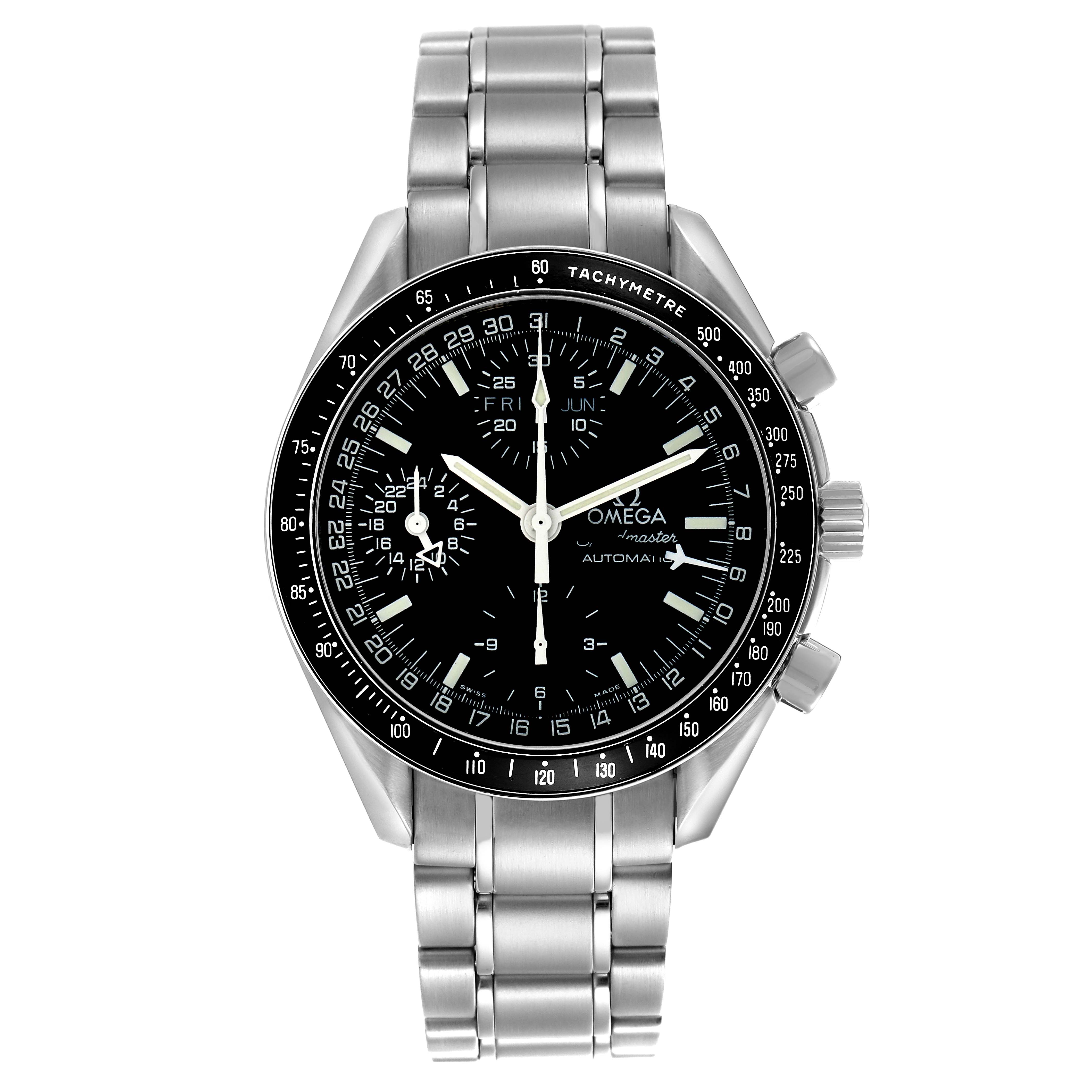 The Omega Speedmaster 3520.50.00 Men's Stainless Steel Black Dial 3520.50.00 Men's Stainless Steel Black Dial watch is shown from the front, displaying its dial, chronograph subdials, bezel, and stainless steel bracelet.