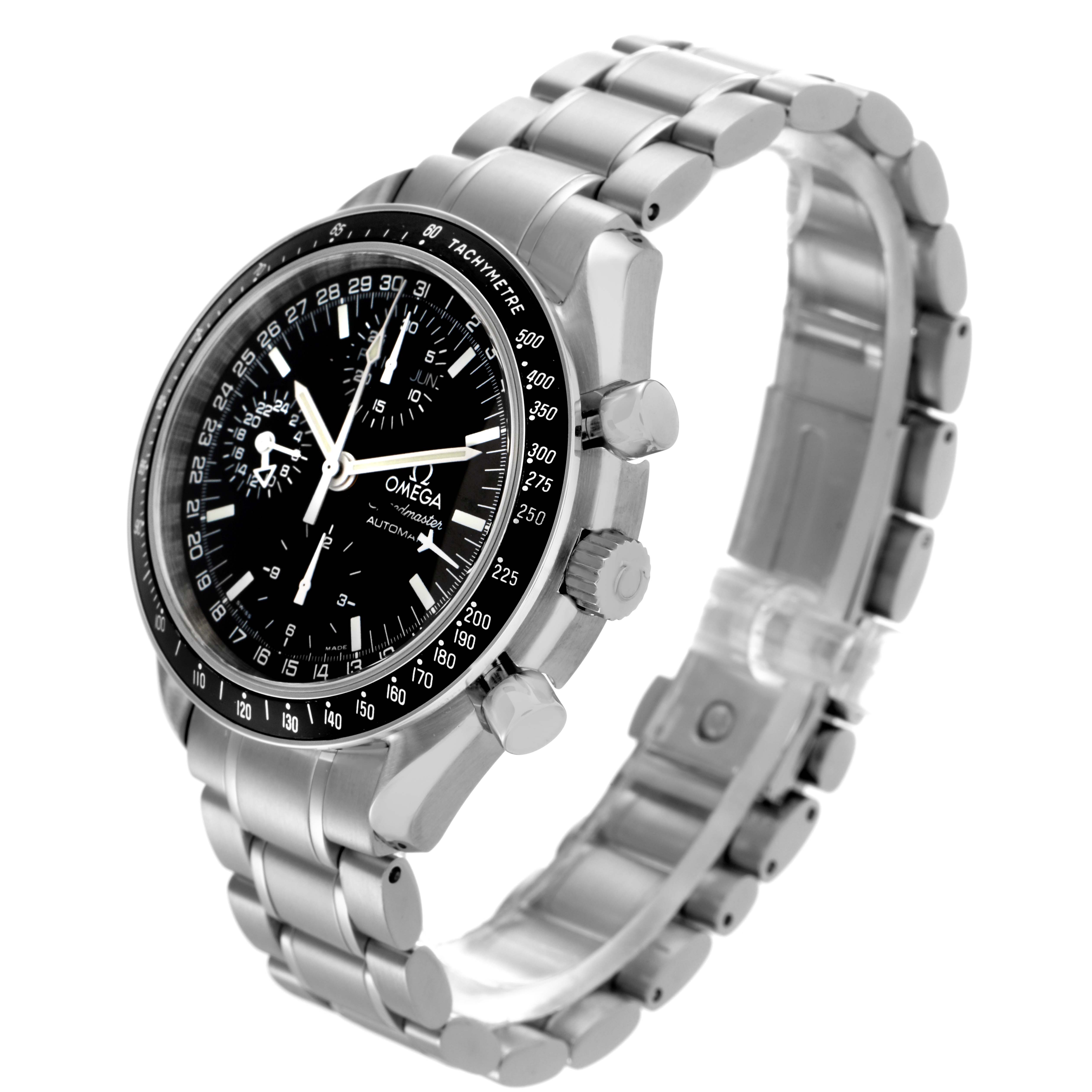 The Omega Speedmaster 3520.50.00 Men's Stainless Steel Black Dial 3520.50.00 Men's Stainless Steel Black Dial watch is shown at a three-quarter angle, highlighting the face, bezel, case, and bracelet.