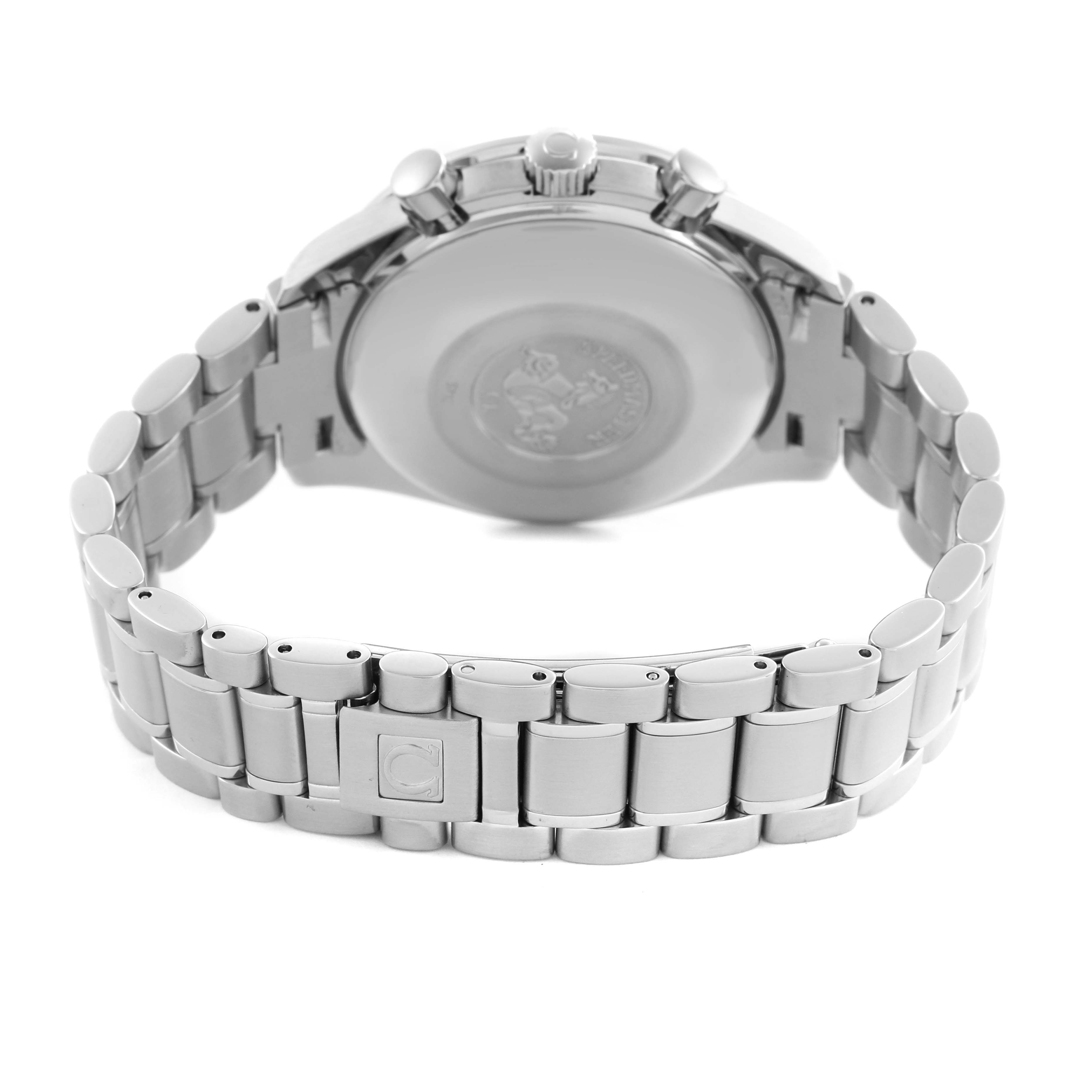 The Omega Speedmaster 3520.50.00 Men's Stainless Steel Black Dial 3520.50.00 Men's Stainless Steel Black Dial is shown from the back, highlighting the case back, crown, pushers, and part of the metal bracelet.