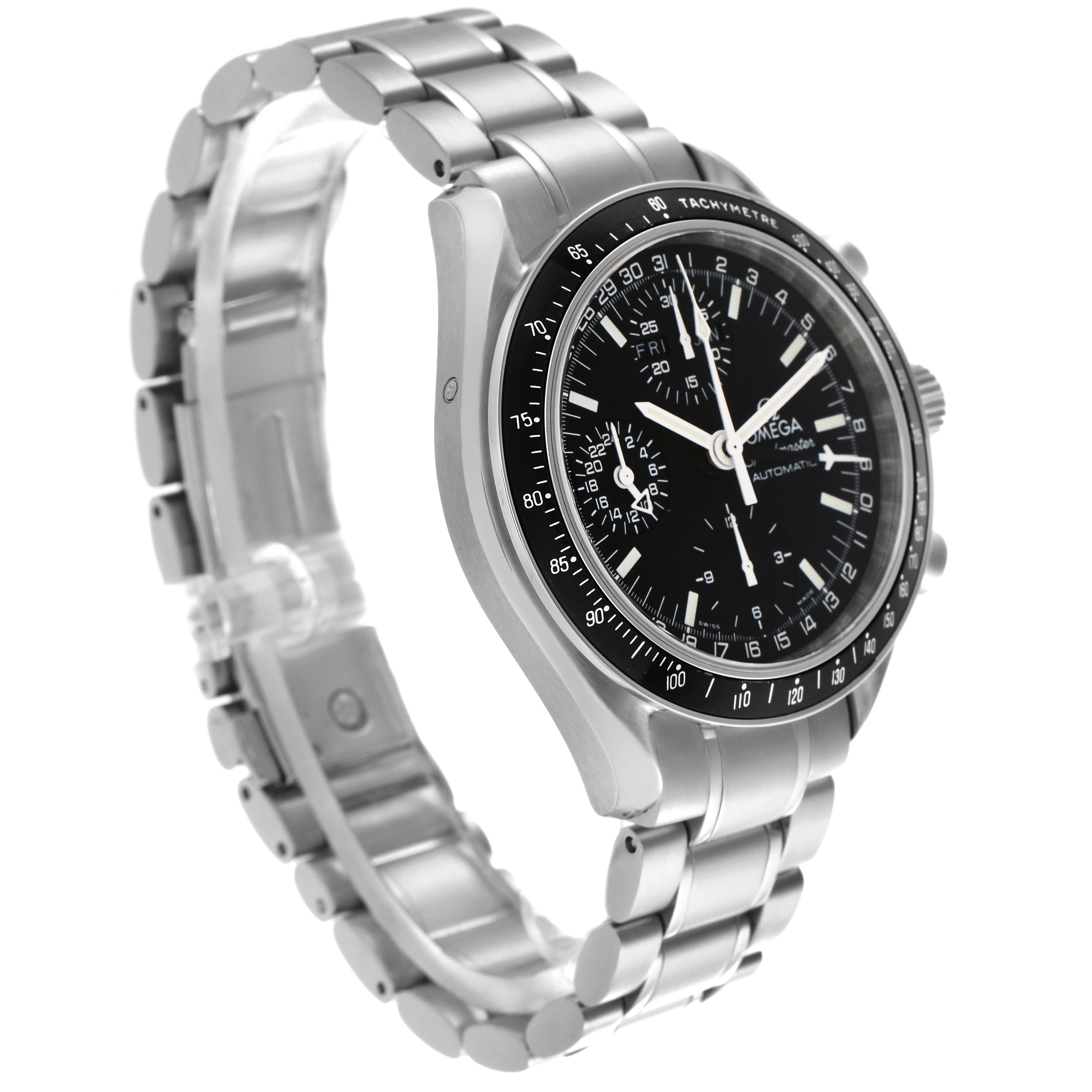The Omega Speedmaster 3520.50.00 Men's Stainless Steel Black Dial 3520.50.00 Men's Stainless Steel Black Dial watch is shown at a three-quarter angle, displaying the dial, bezel, crown, and stainless steel bracelet.