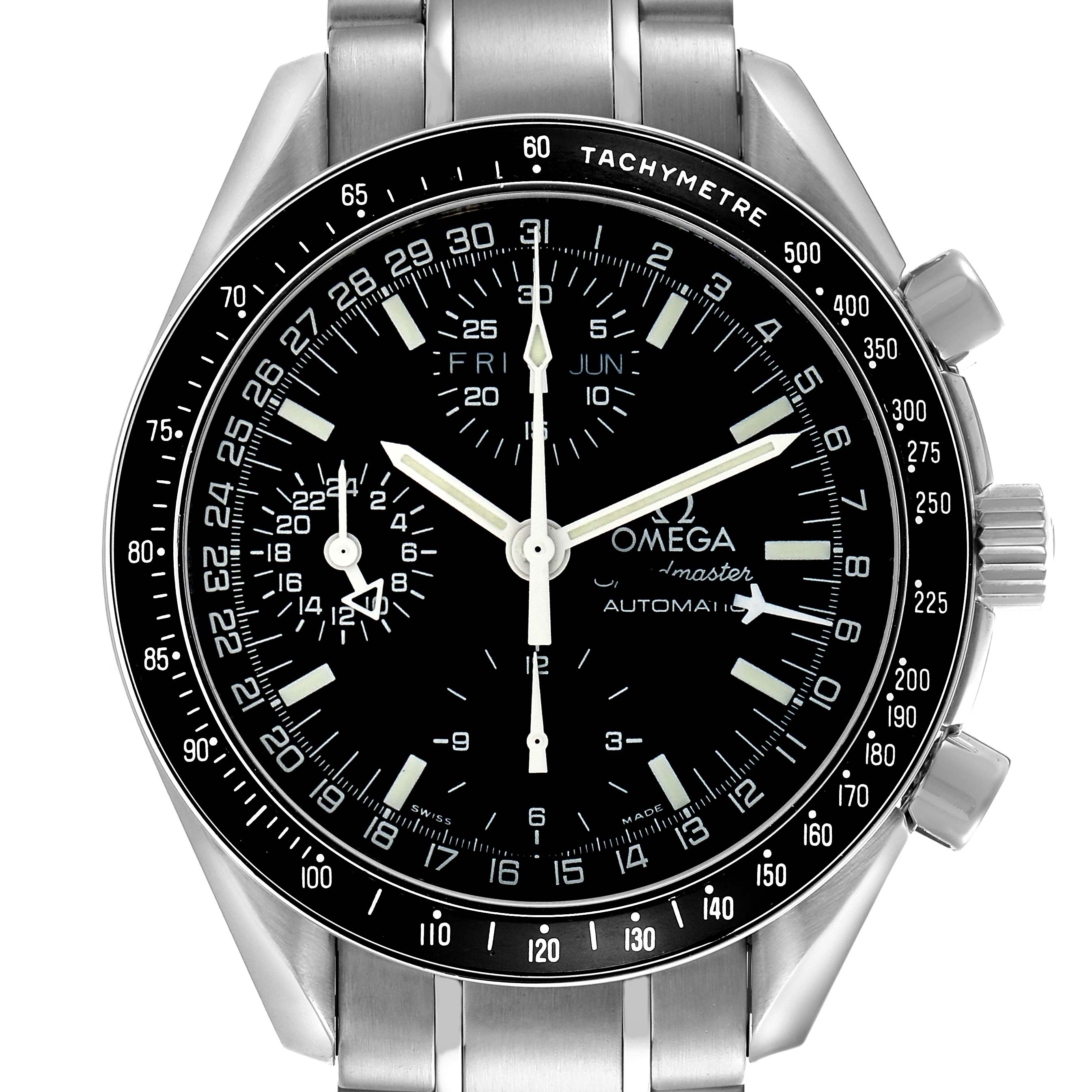 The Omega Speedmaster 3520.50.00 Men's Stainless Steel Black Dial 3520.50.00 Men's Stainless Steel Black Dial watch is shown from a frontal angle, highlighting the dial, bezel, and part of the bracelet.
