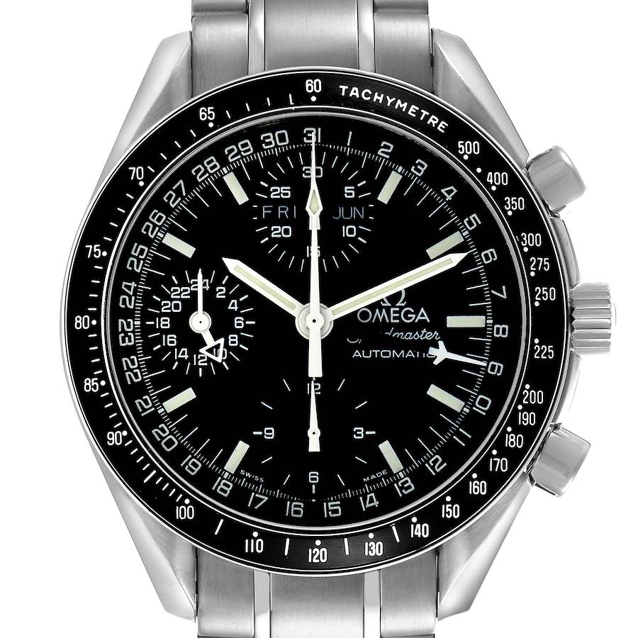 The Omega Speedmaster watch is shown from a frontal angle, highlighting the dial, bezel, and part of the bracelet.