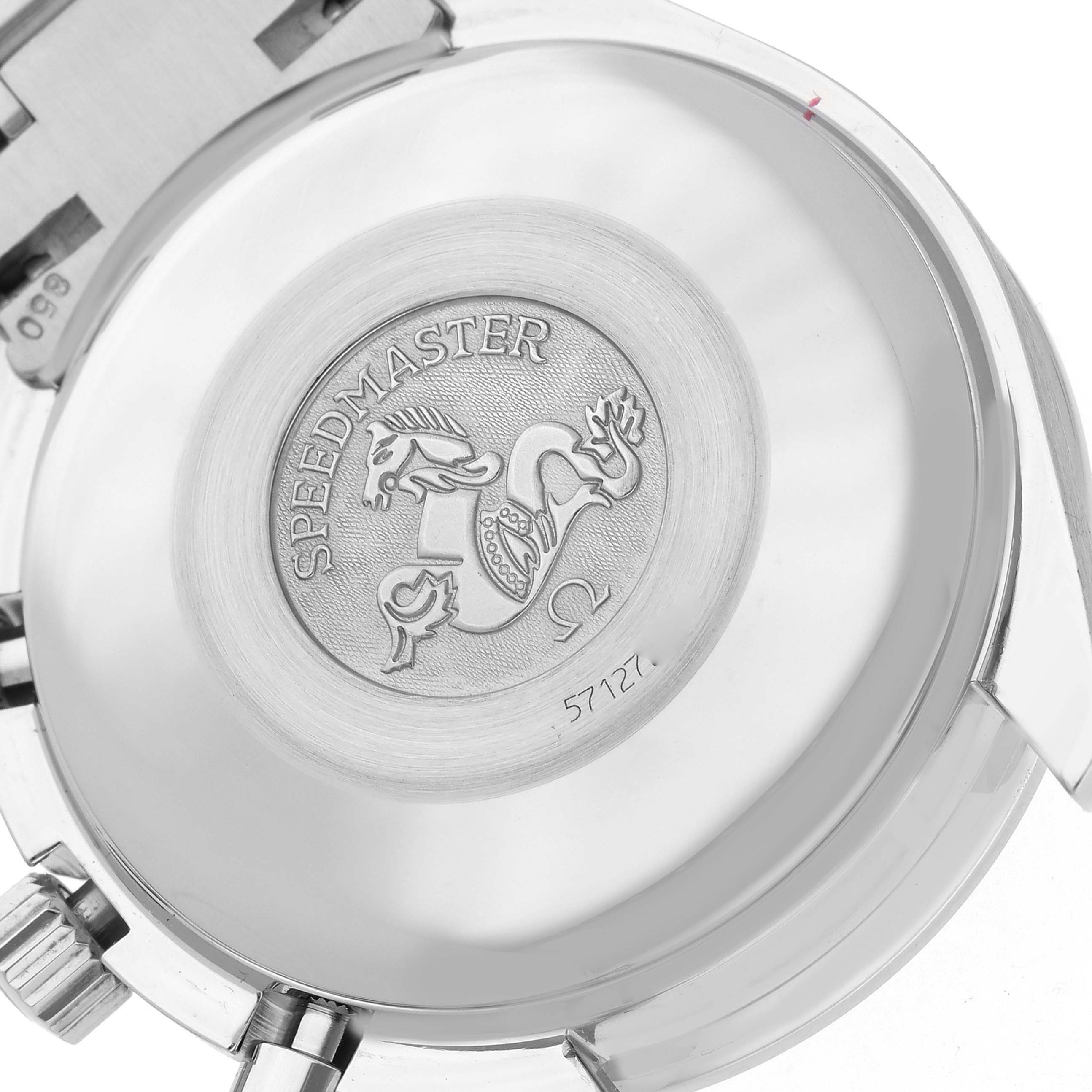 The image shows the case back of the Omega Speedmaster 3520.50.00 Men's Stainless Steel Black Dial 3520.50.00 Men's Stainless Steel Black Dial, highlighting its emblem and engravings.