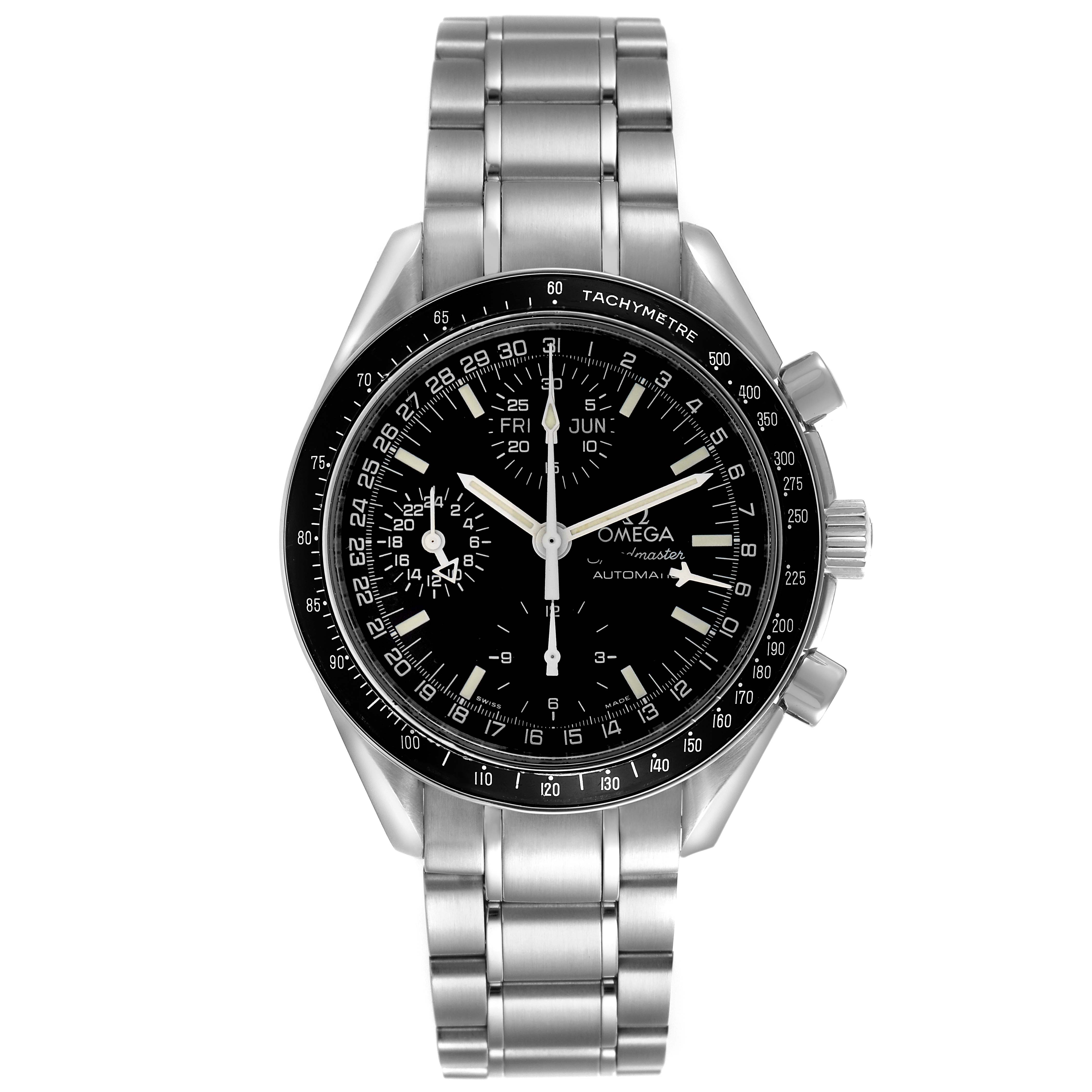 The Omega Speedmaster 3520.50.00 Men's Stainless Steel Black Dial 3520.50.00 Men's Stainless Steel Black Dial watch is shown from the front, highlighting the dial, bezel, and metal bracelet.