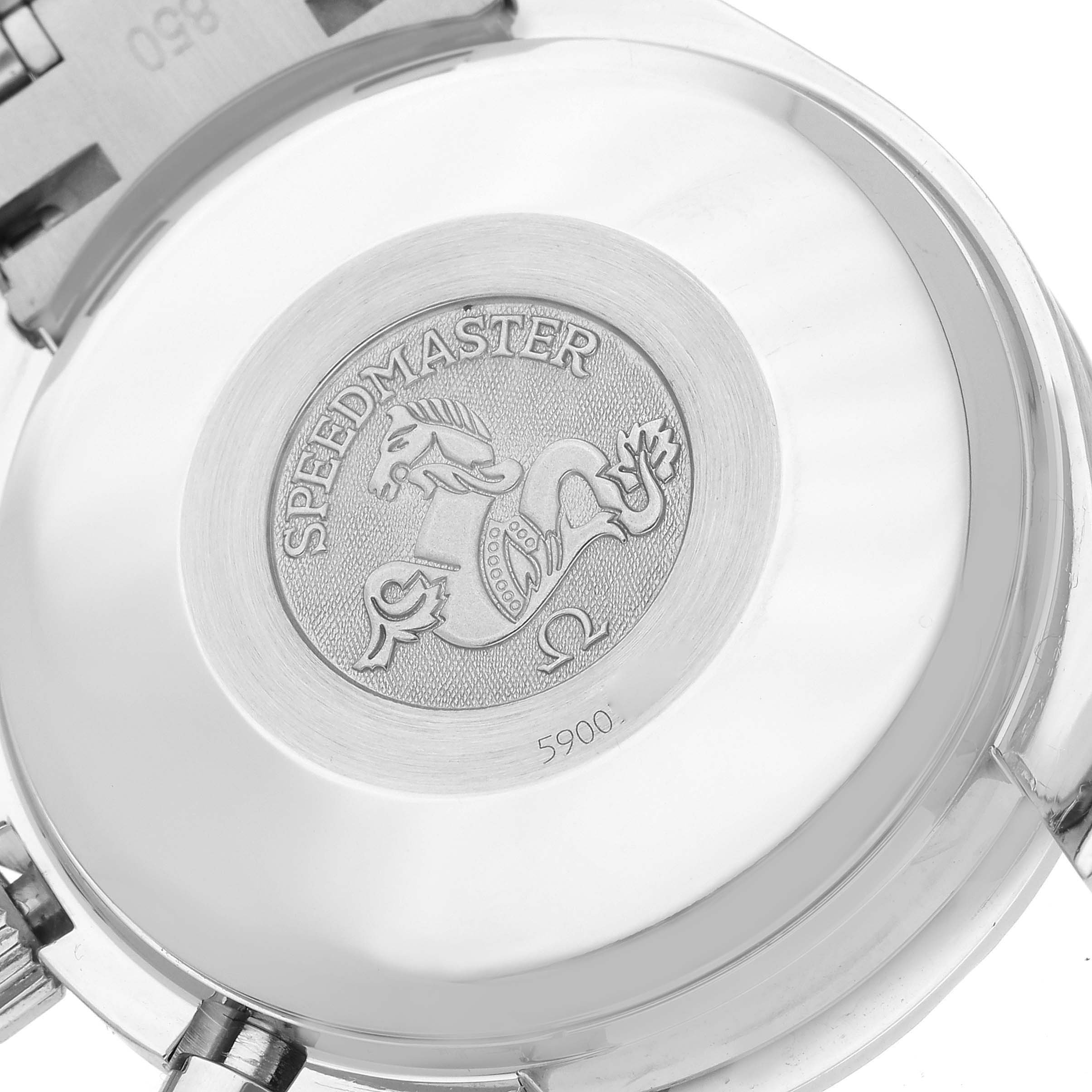 The image shows the case back of an Omega Speedmaster 3520.50.00 Men's Stainless Steel Black Dial 3520.50.00 Men's Stainless Steel Black Dial watch, featuring the engraved logo and serial number.