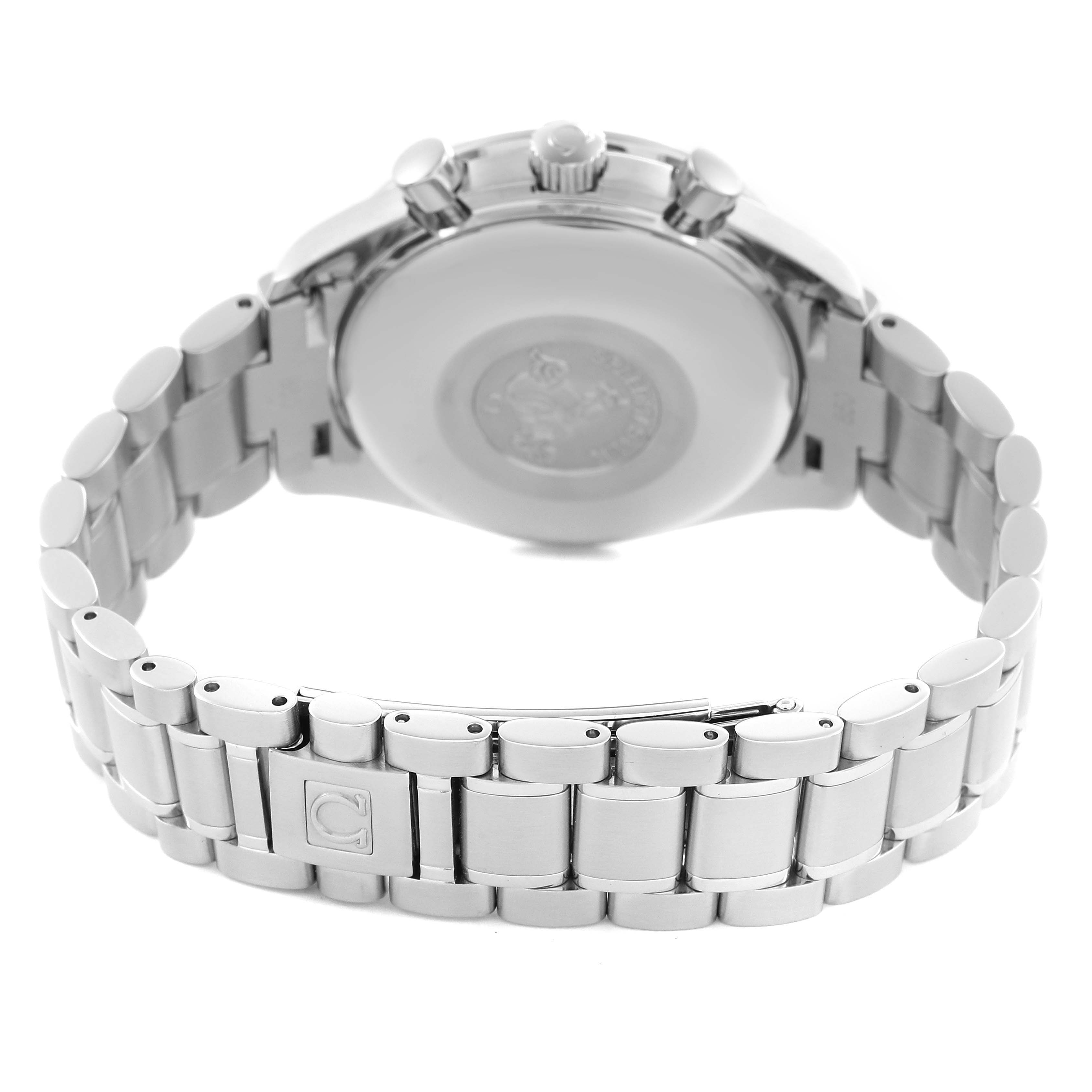 The image shows the back view of an Omega Speedmaster 3520.50.00 Men's Stainless Steel Black Dial 3520.50.00 Men's Stainless Steel Black Dial, highlighting the case back and metal bracelet.