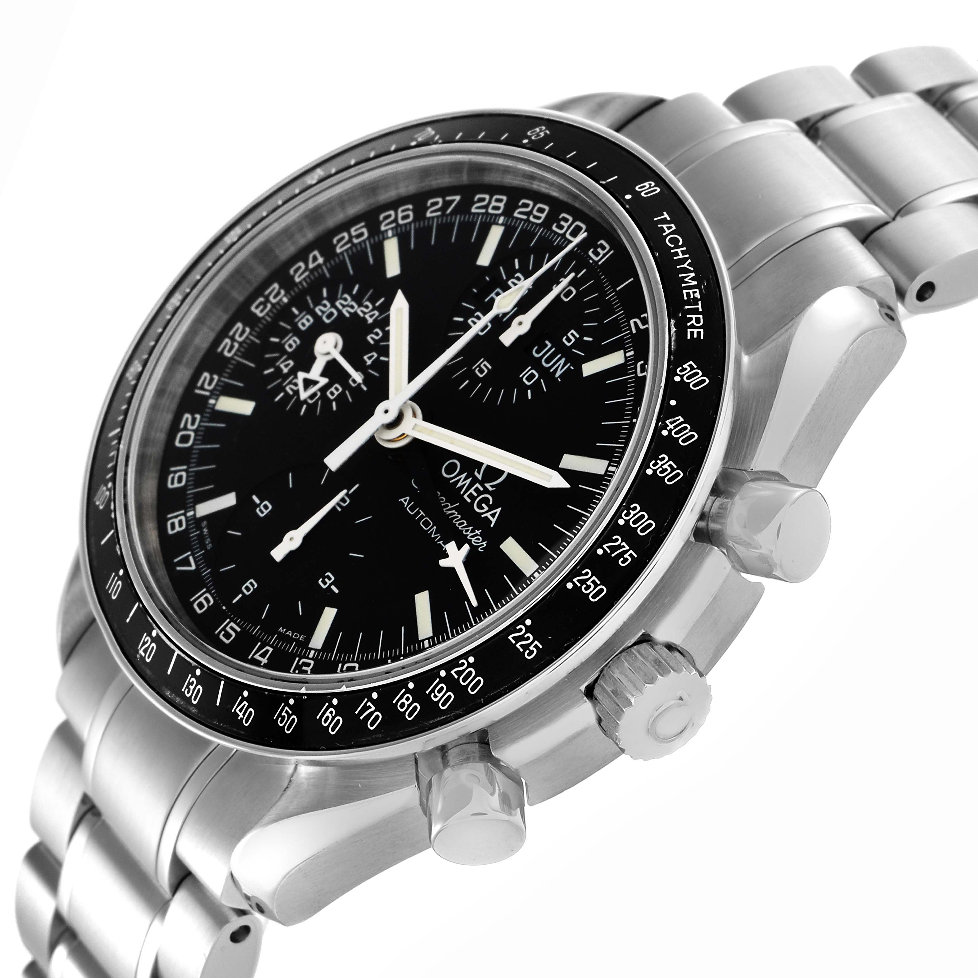 The Omega Speedmaster 3520.50.00 Men's Stainless Steel Black Dial 3520.50.00 Men's Stainless Steel Black Dial watch is shown at an angled side view, highlighting the bezel, dial, pushers, and bracelet.