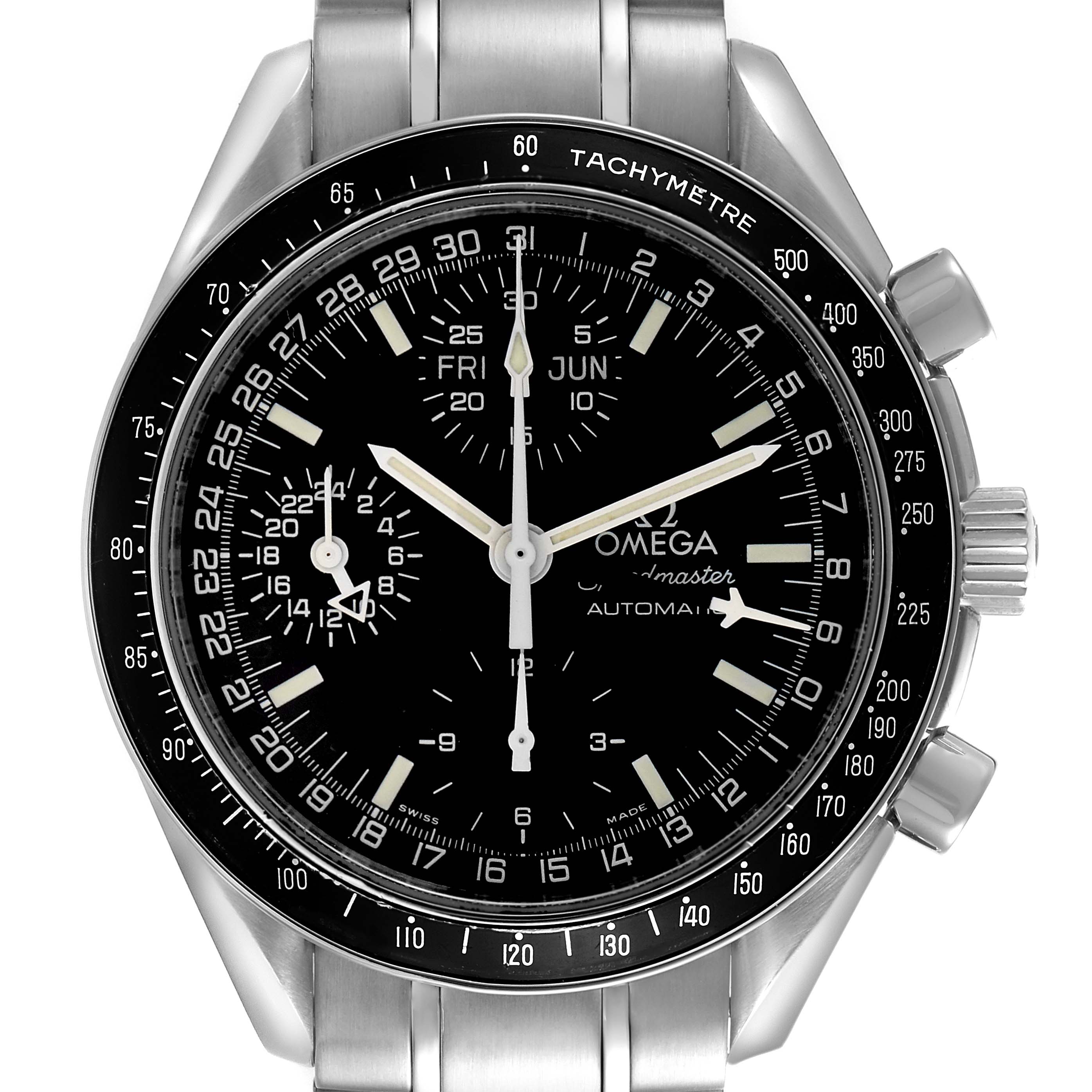 The Omega Speedmaster 3520.50.00 Men's Stainless Steel Black Dial 3520.50.00 Men's Stainless Steel Black Dial watch is shown from the front, displaying the dial, hands, subdials, and tachymetric bezel prominently.