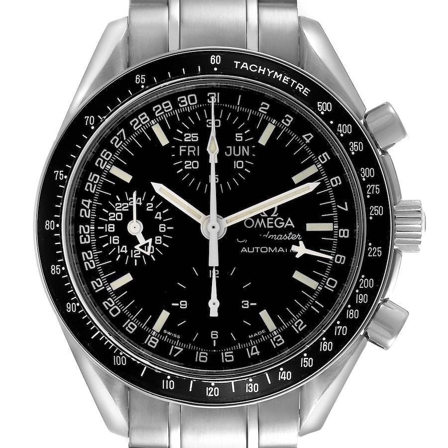 The Omega Speedmaster watch is shown from the front, displaying the dial, hands, subdials, and tachymetric bezel prominently.