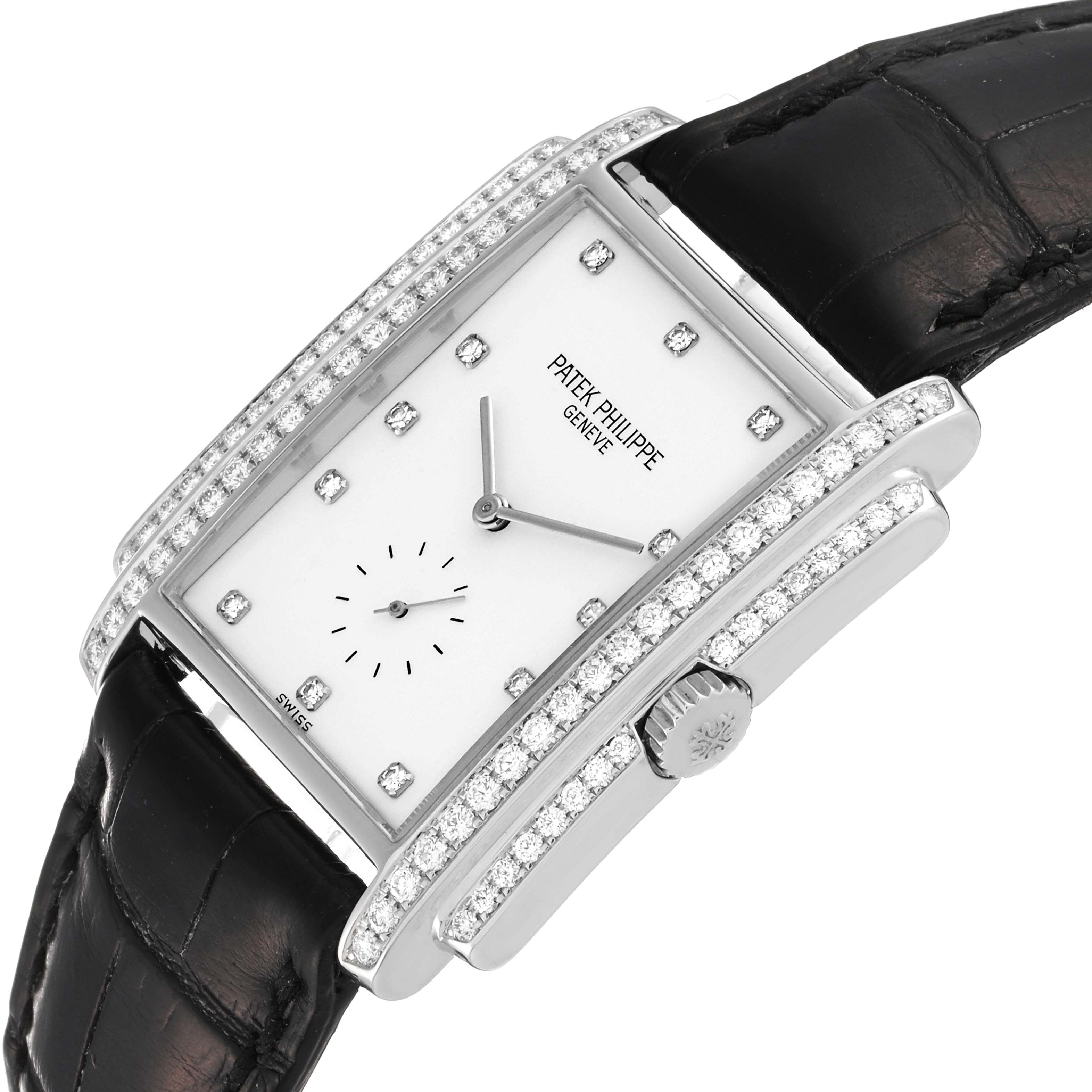 The image shows a close-up angled top view of the Patek Philippe Gondolo 5025G Men's White Gold White Dial 5025G Men's White Gold White Dial watch, highlighting its diamond-encrusted bezel and black leather strap.