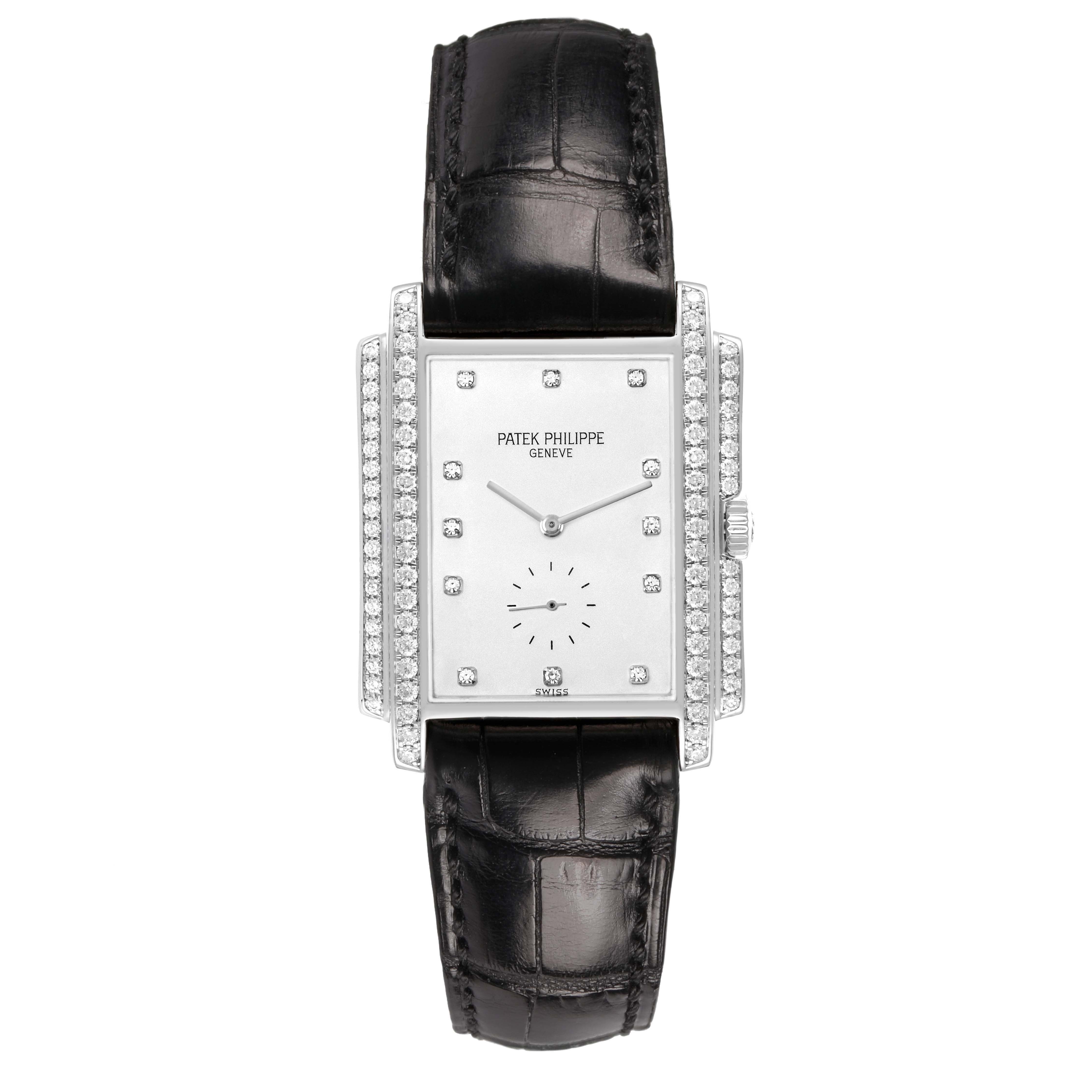 The Patek Philippe Gondolo 5025G Men's White Gold White Dial watch is shown from a front view, highlighting its rectangular dial, diamond-set bezel, and a black leather strap.