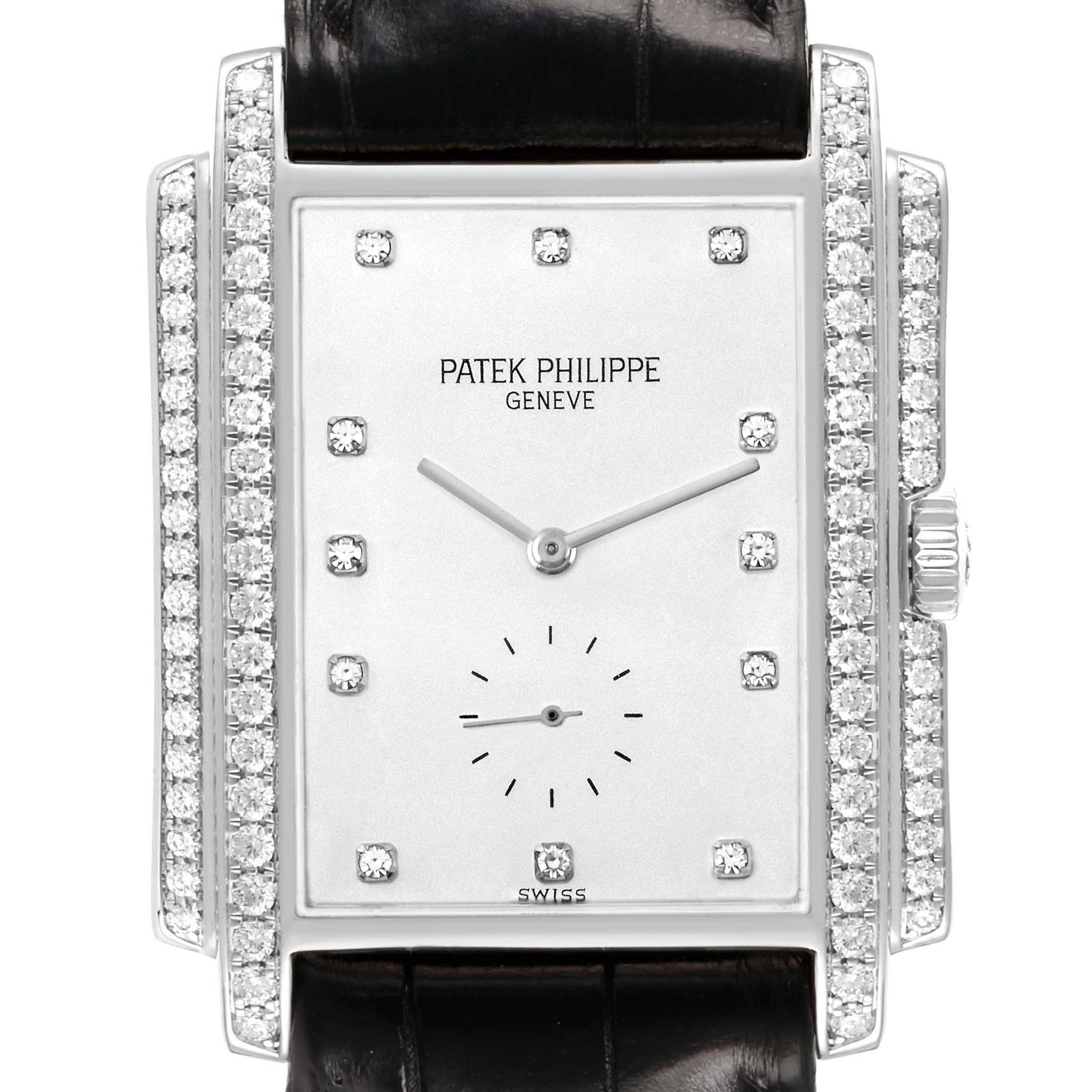 The Patek Philippe Gondolo 5025G Men's White Gold White Dial watch is shown from the front, highlighting the dial, diamond bezel, and crown.