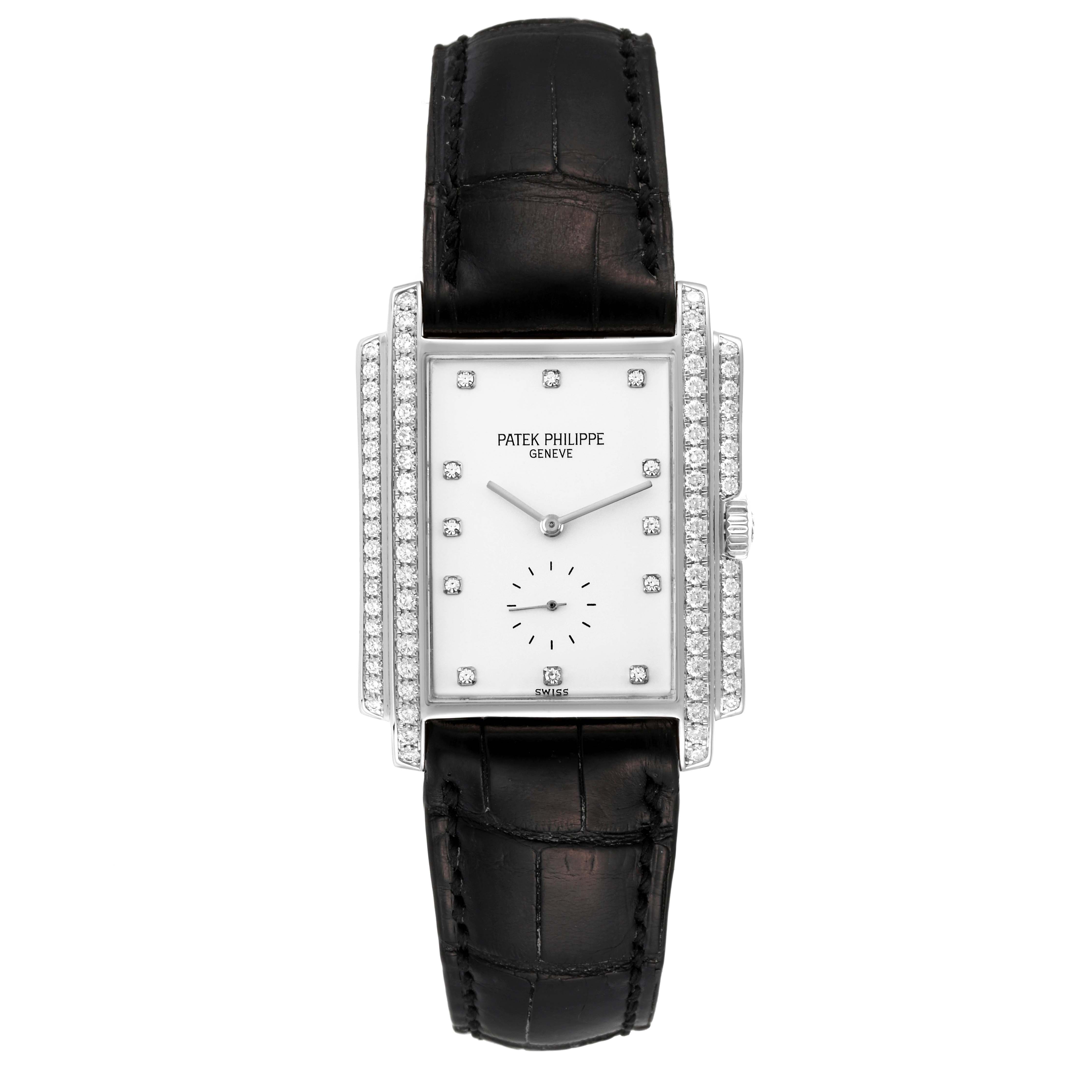 The Patek Philippe Gondolo 5025G Men's White Gold White Dial 5025G Men's White Gold White Dial watch is shown from a front angle, highlighting its rectangular face, diamond bezel, and black leather strap.