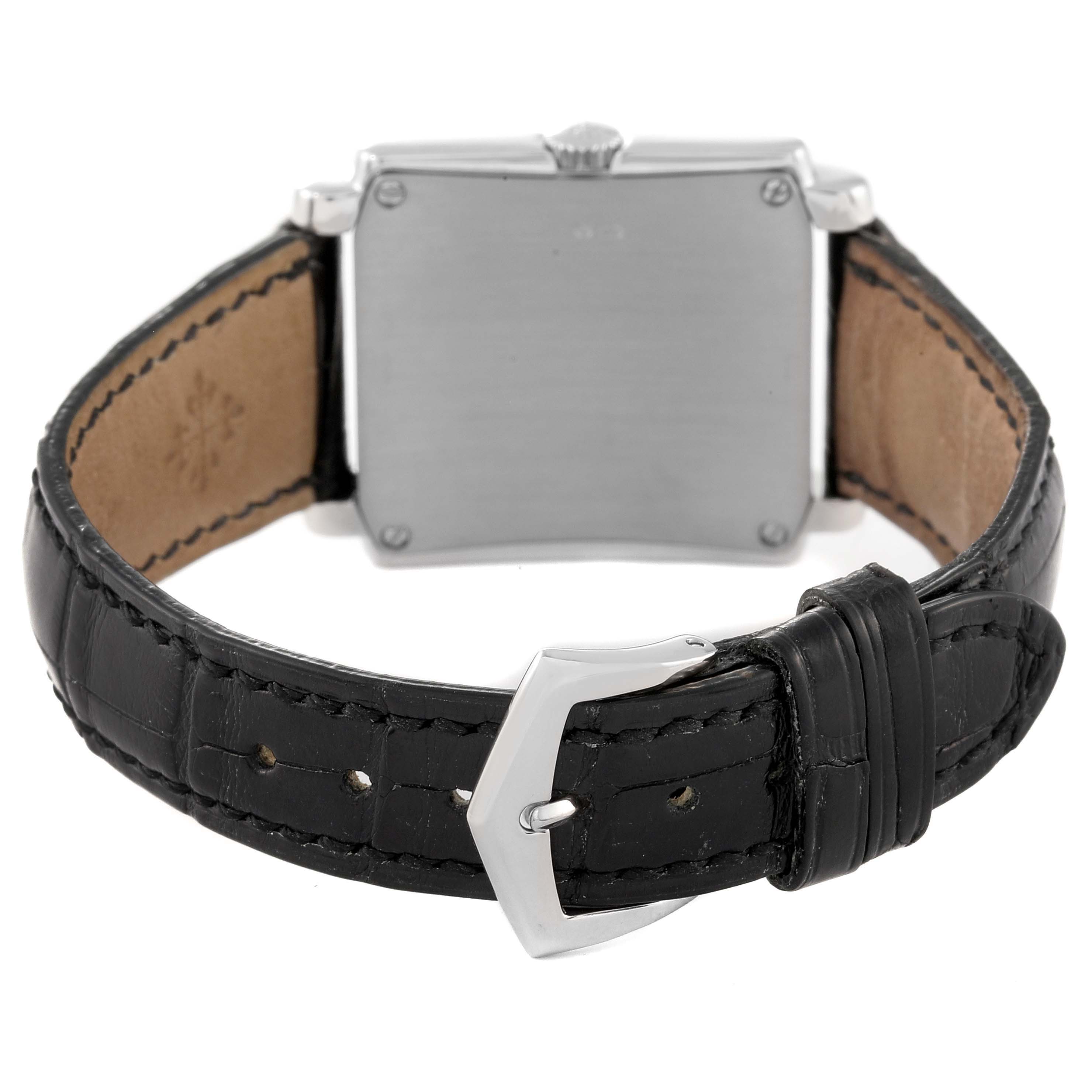 The image shows the rear view of the Patek Philippe Gondolo 5025G Men's White Gold White Dial 5025G Men's White Gold White Dial watch, highlighting the back casing and leather strap with a buckle.