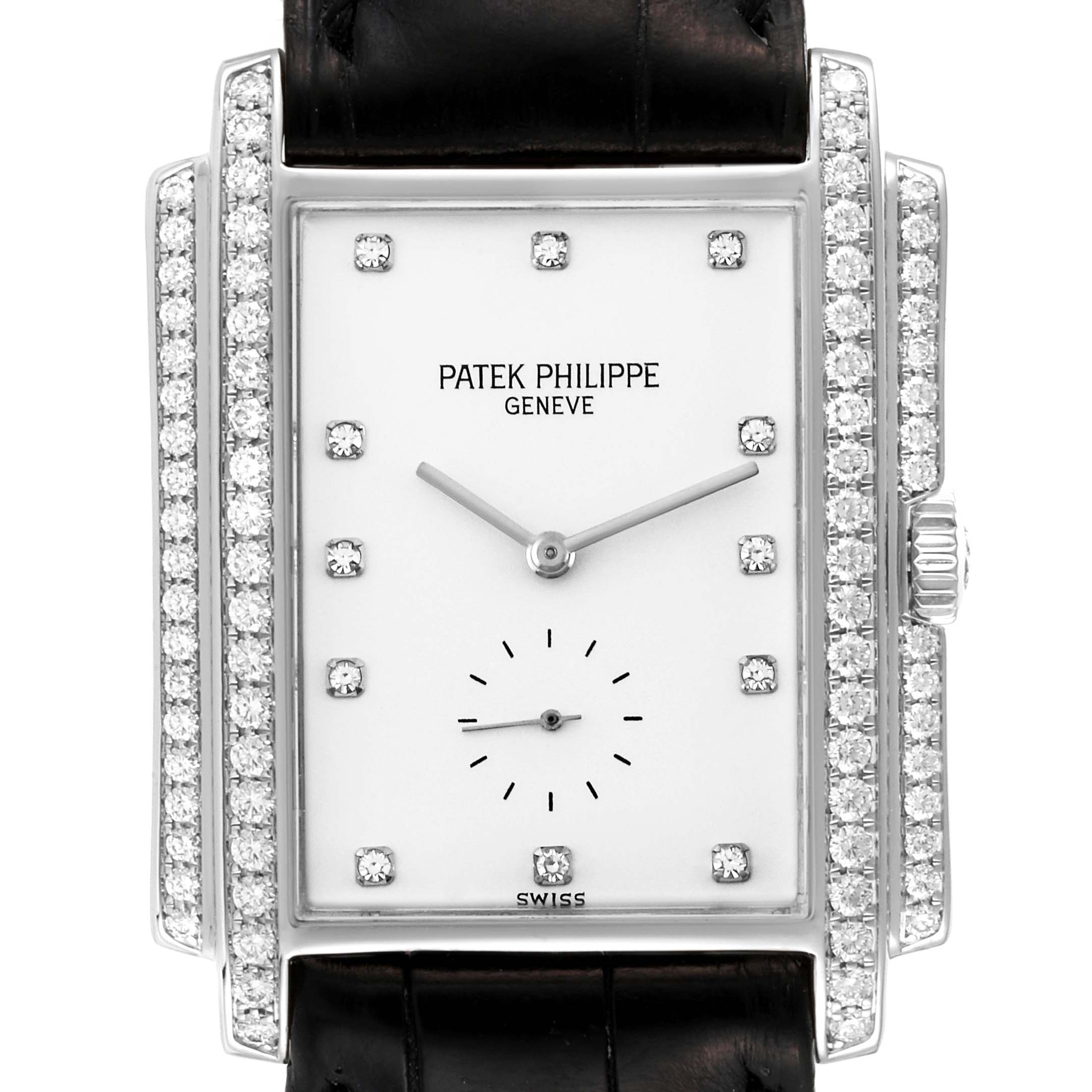 The image shows a front view of the Patek Philippe Gondolo 5025G Men's White Gold White Dial 5025G Men's White Gold White Dial watch, featuring a rectangular dial with diamond accents and a black leather strap.