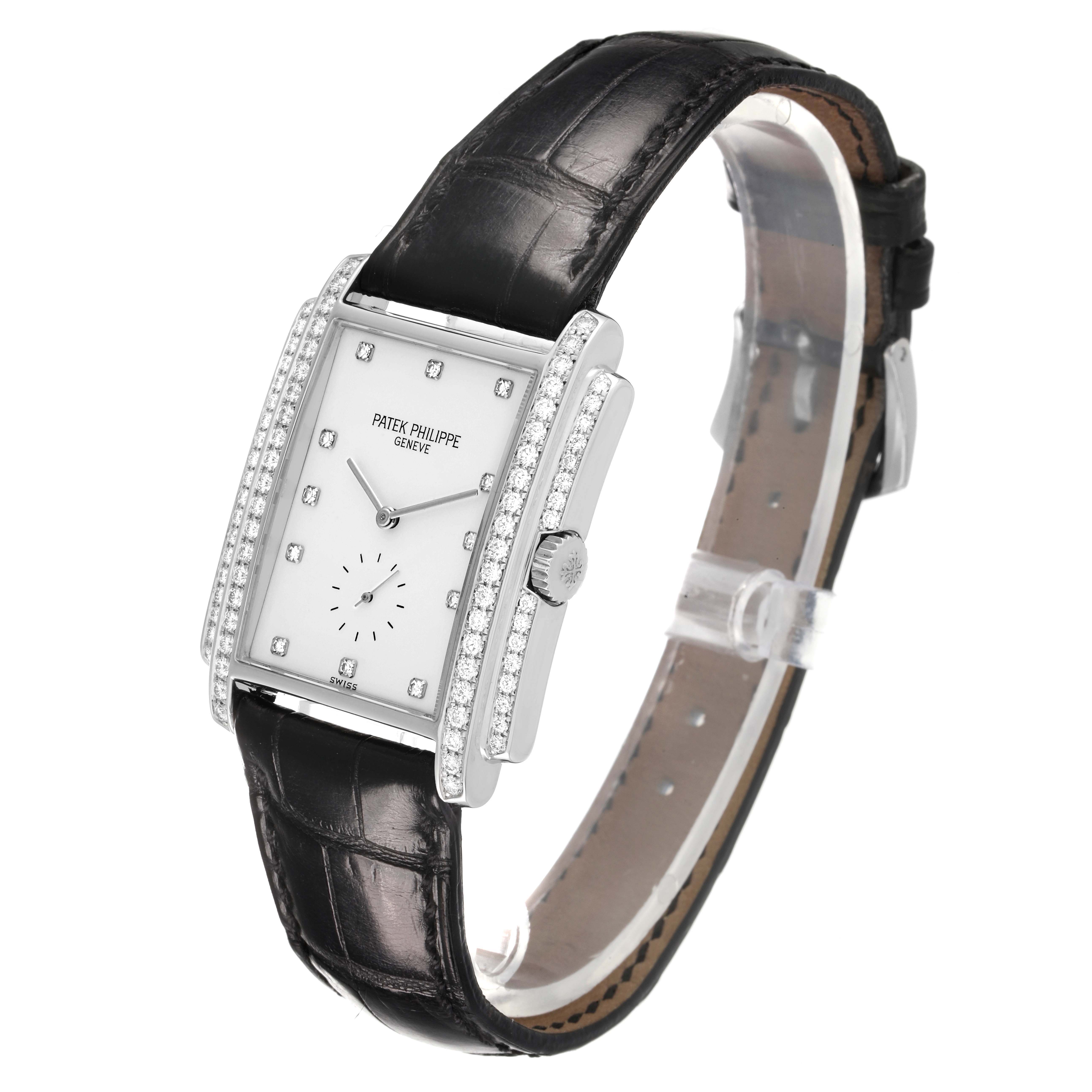 The Patek Philippe Gondolo 5025G Men's White Gold White Dial watch is shown at a side angle, highlighting its rectangular diamond-set case and black leather strap.