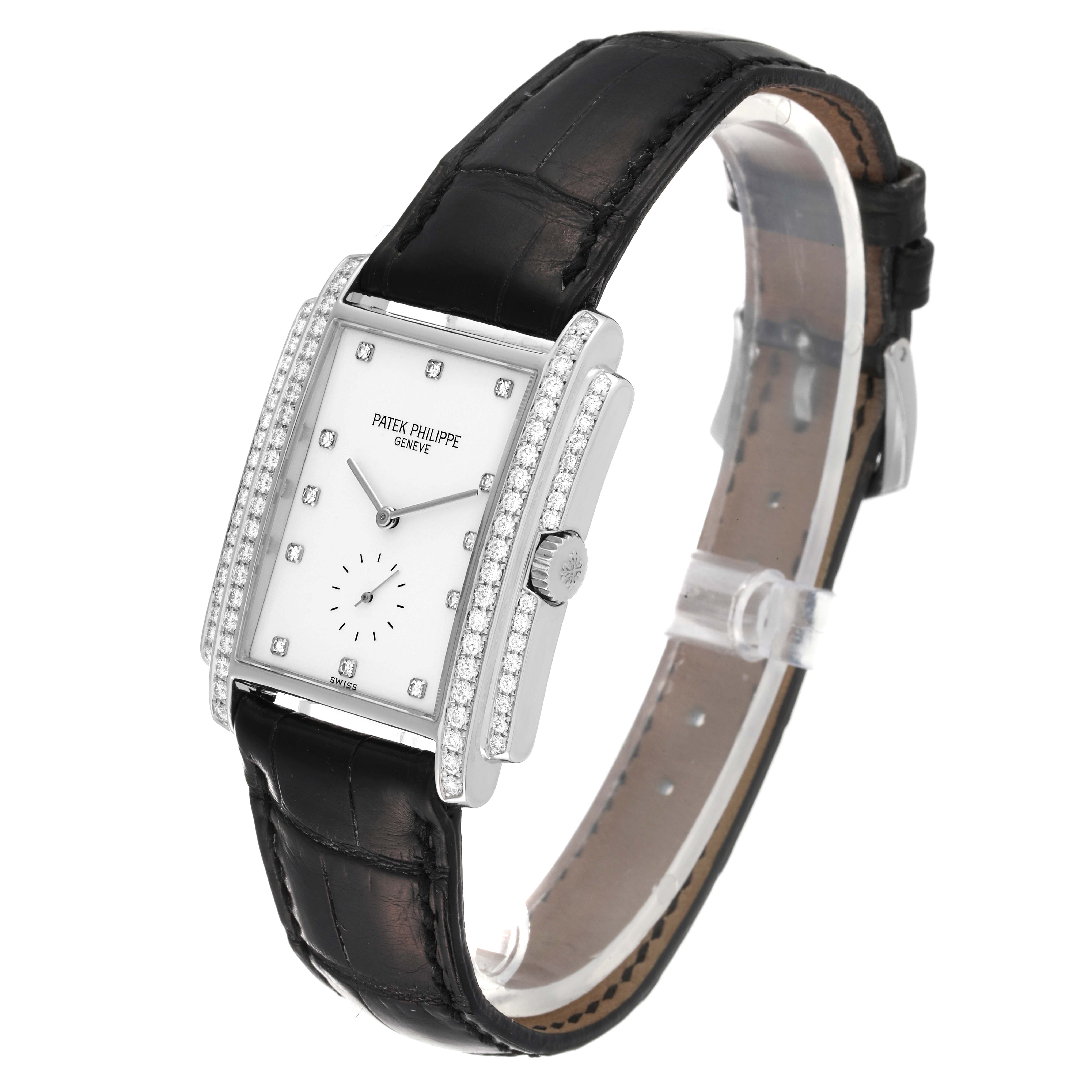 The image shows a Patek Philippe Gondolo 5025G Men's White Gold White Dial 5025G Men's White Gold White Dial watch at a side angle, highlighting the face, crown, and leather strap.