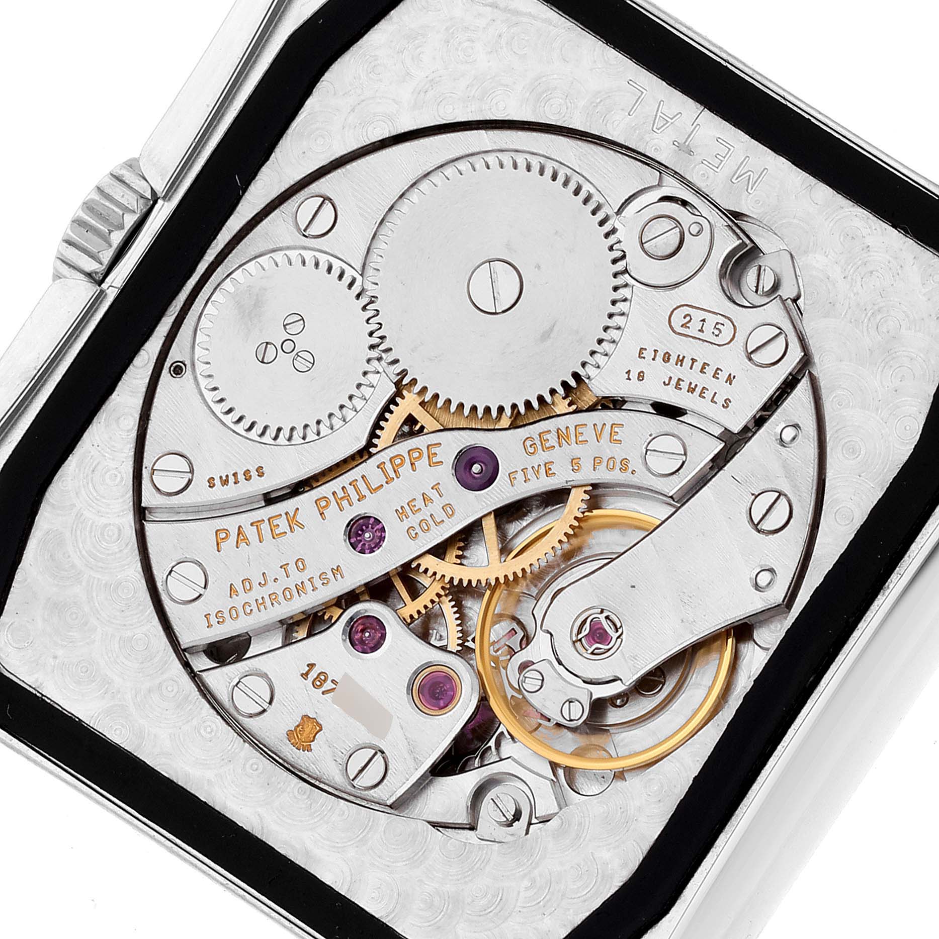 The image shows the intricate internal mechanism and movement of a Patek Philippe Gondolo 5025G Men's White Gold White Dial 5025G Men's White Gold White Dial watch.