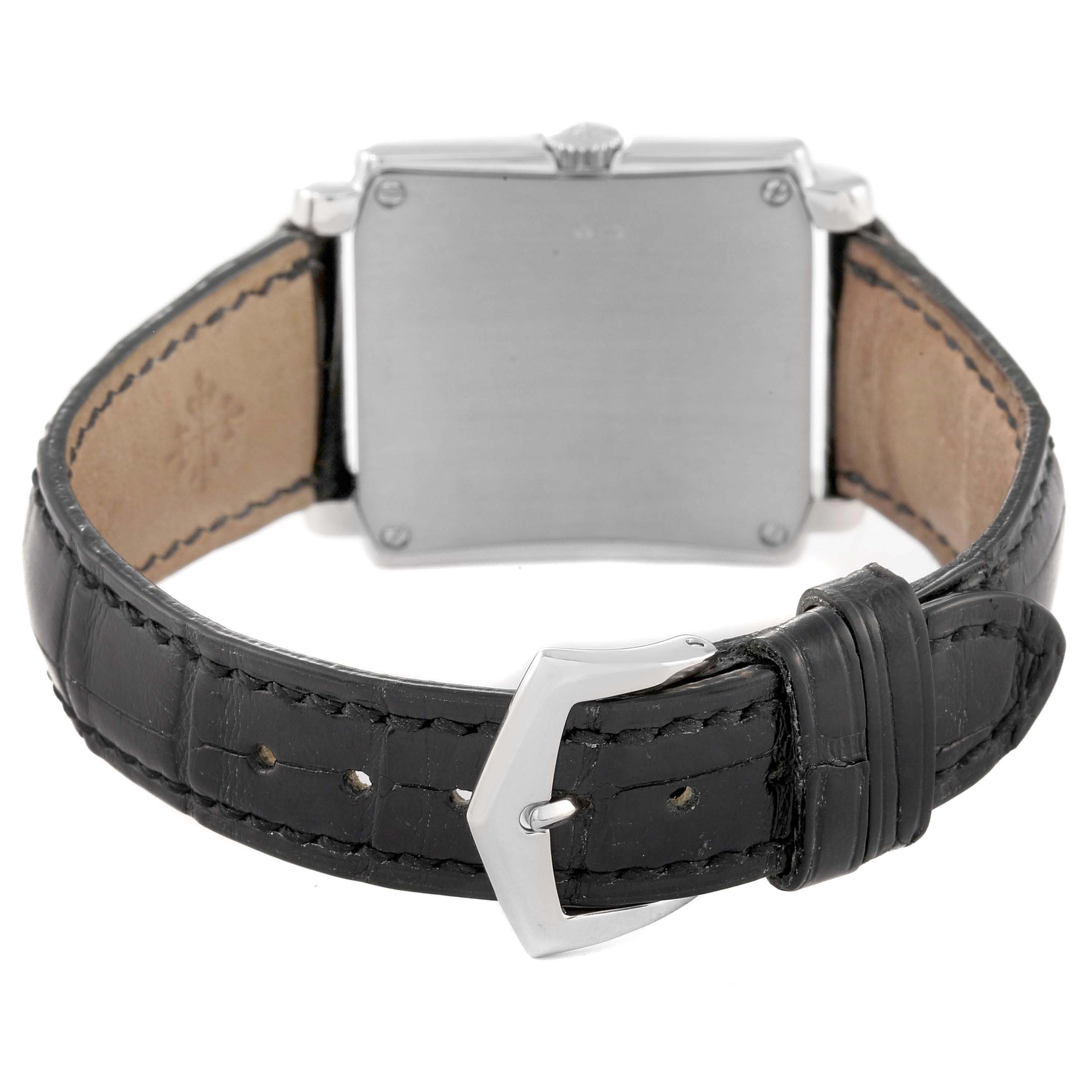 The image shows the back of a Patek Philippe Gondolo 5025G Men's White Gold White Dial watch, featuring the case back and leather strap with a buckle.