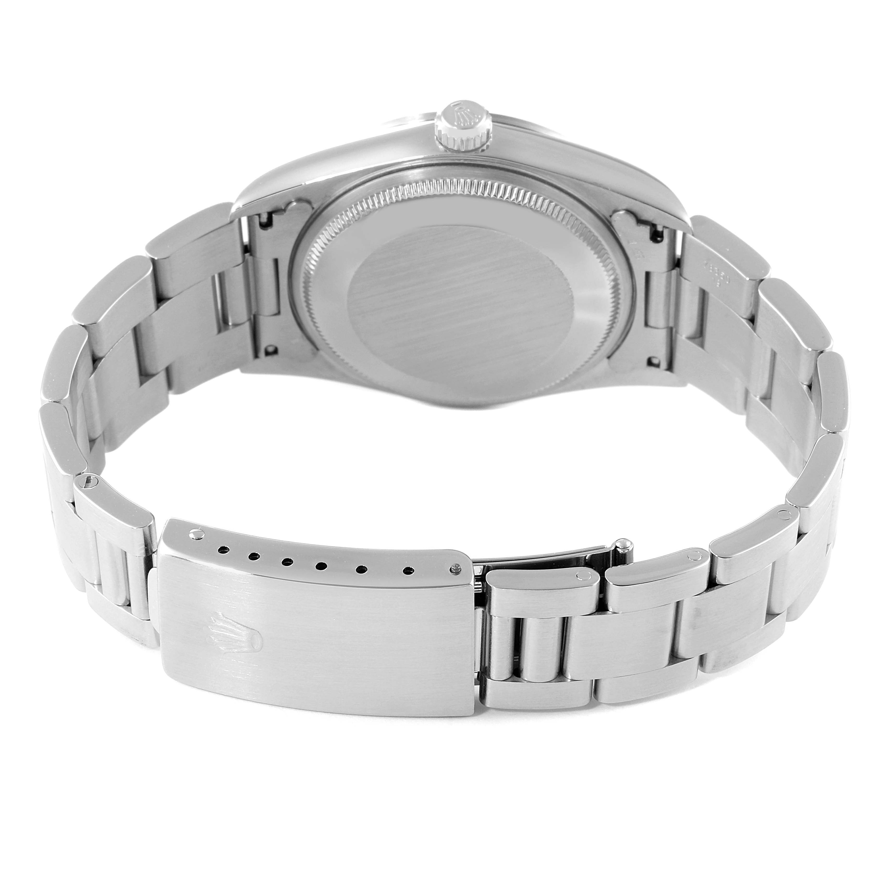 This image shows the back case and metal bracelet of a Rolex Air-King 14000 Men's Stainless Steel Pink Dial 14000 Men's Stainless Steel Pink Dial watch from a rear angle.